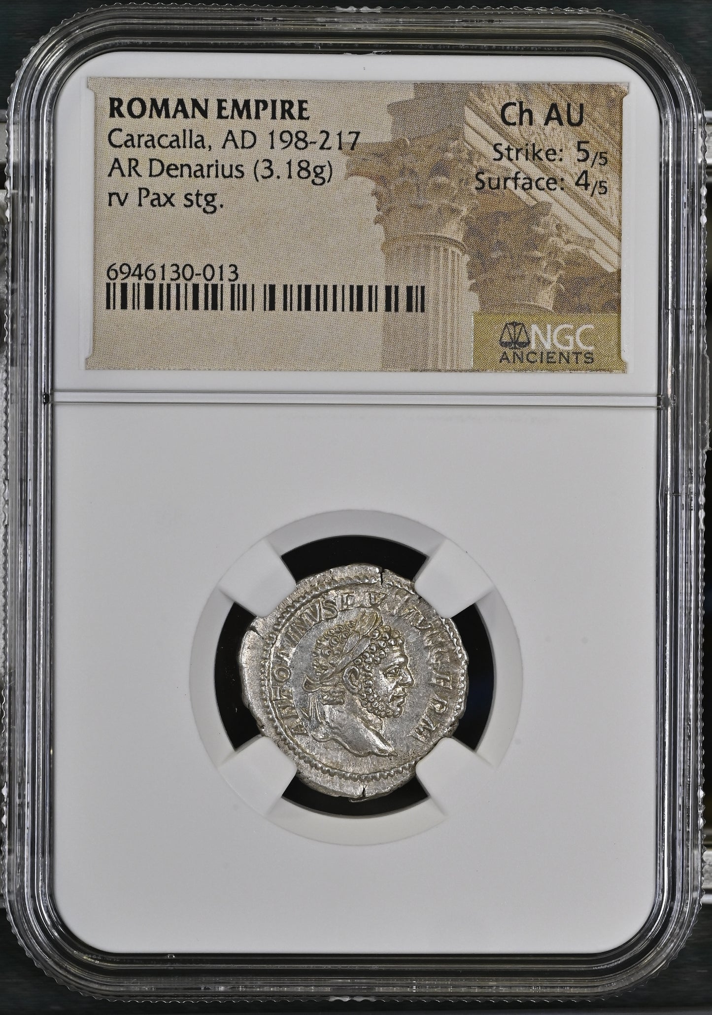 Roman Empire - Caracalla - Silver Denarius - NGC Ch AU - RIC:268