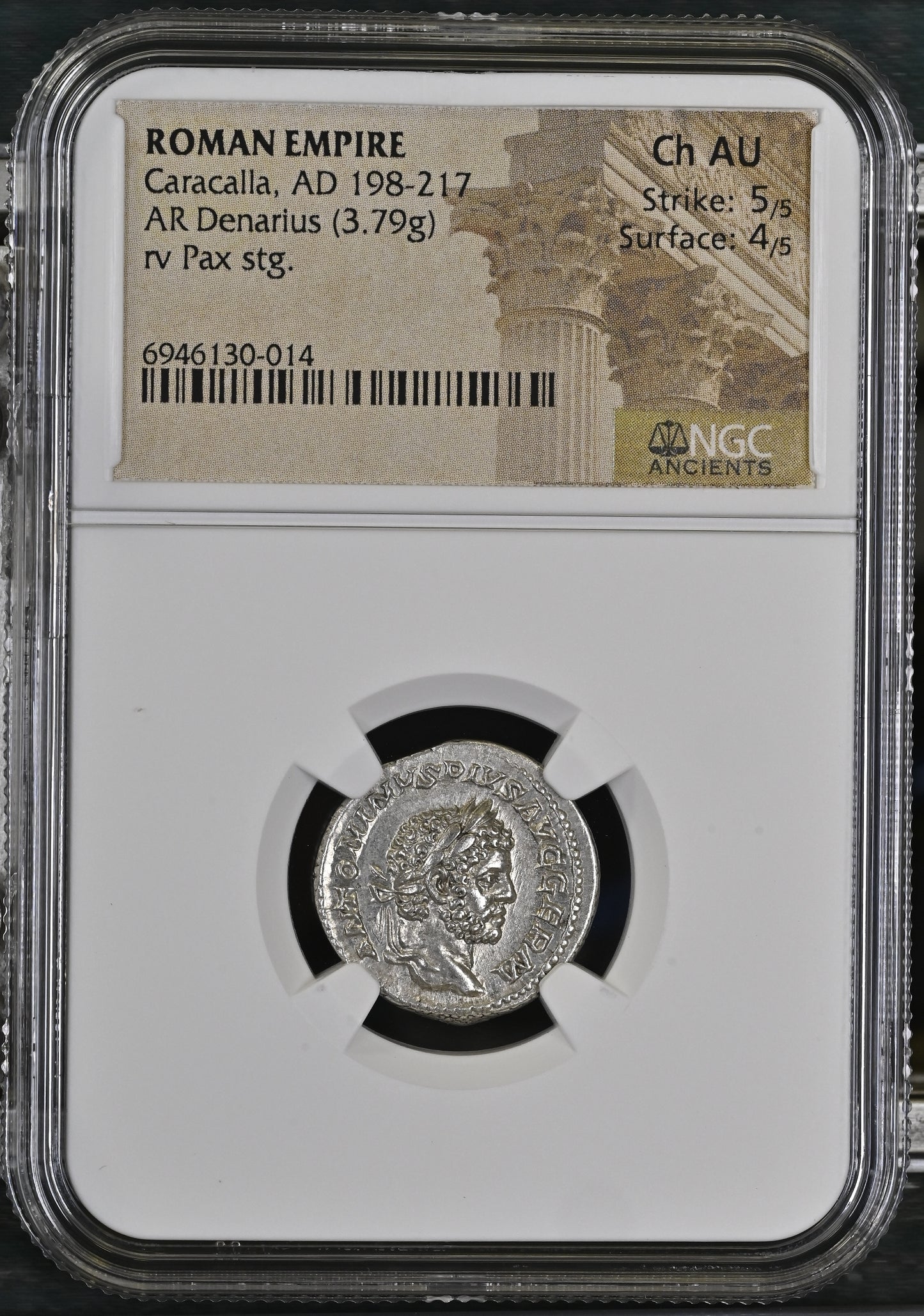Roman Empire - Caracalla - Silver Denarius - NGC Ch AU - RIC:268