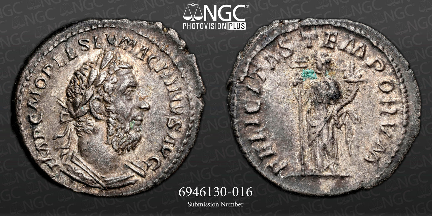 Roman Empire - Macrinus - Silver Denarius - NGC Ch XF - RIC:60