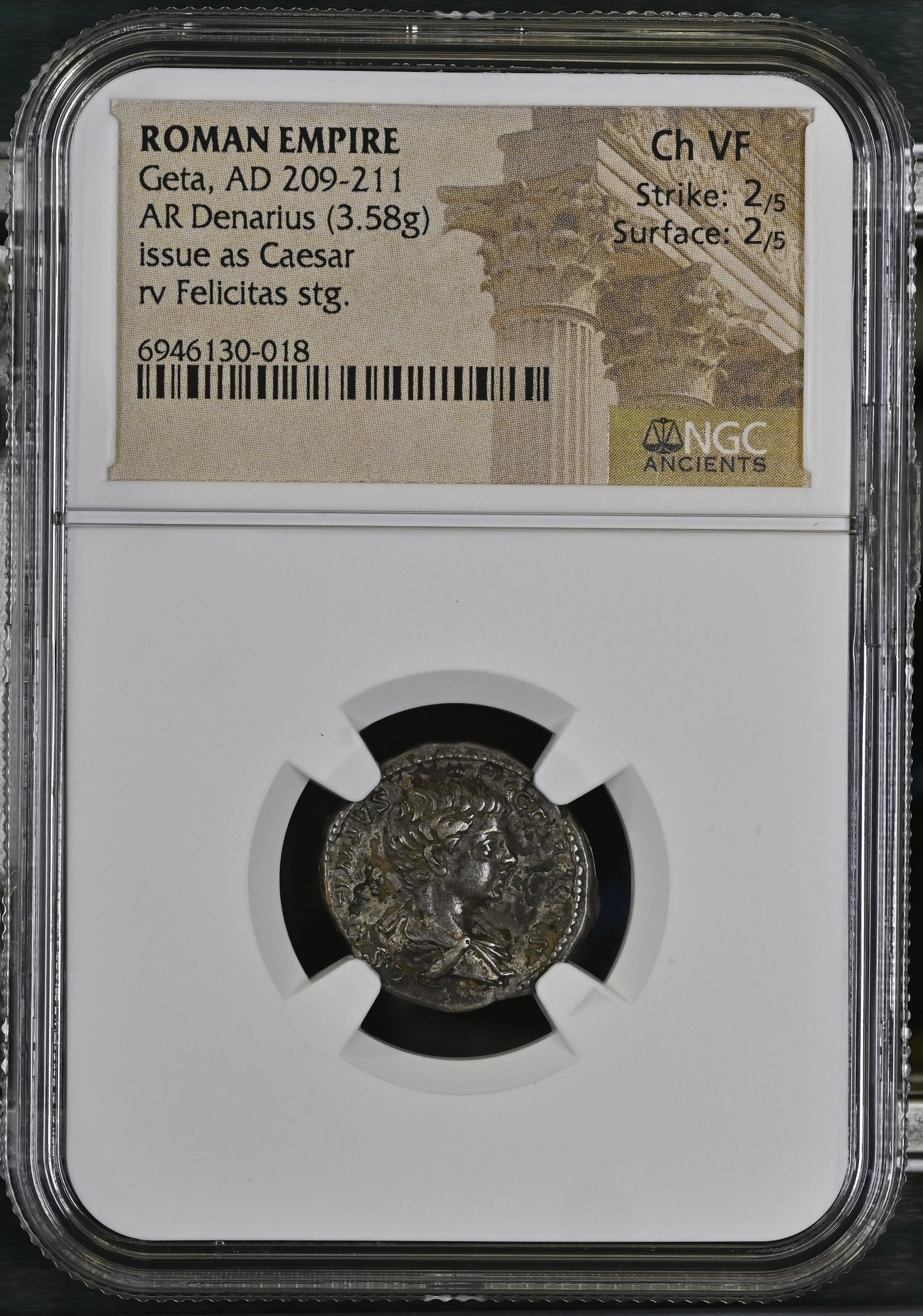 Roman Empire - Geta - Silver Denarius - NGC Ch VF - RIC:2