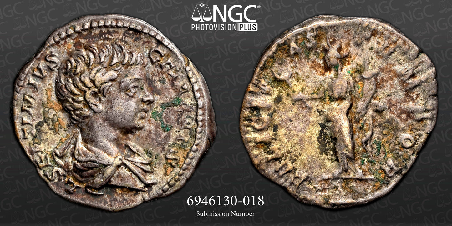 Roman Empire - Geta - Silver Denarius - NGC Ch VF - RIC:2