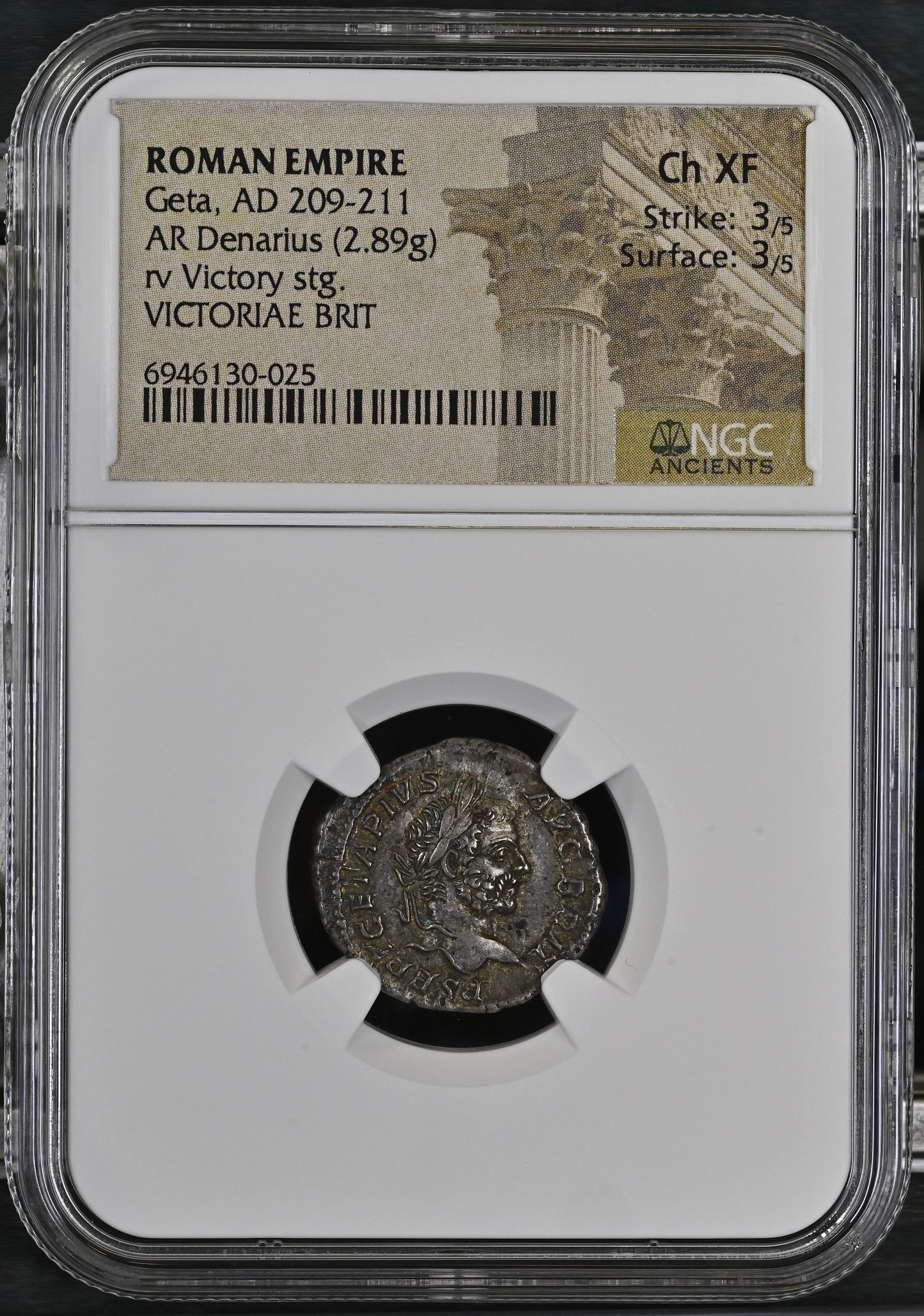 Roman Empire - Geta - Silver Denarius - NGC Ch XF - RIC:92