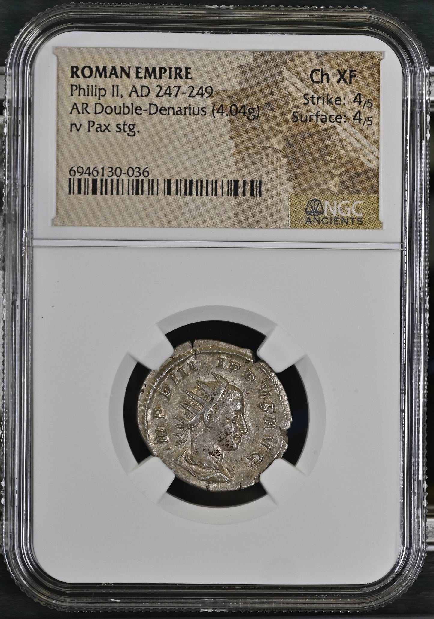 Roman Empire - Philip II - Silver Double-Denarius - NGC Ch XF - RIC:231c