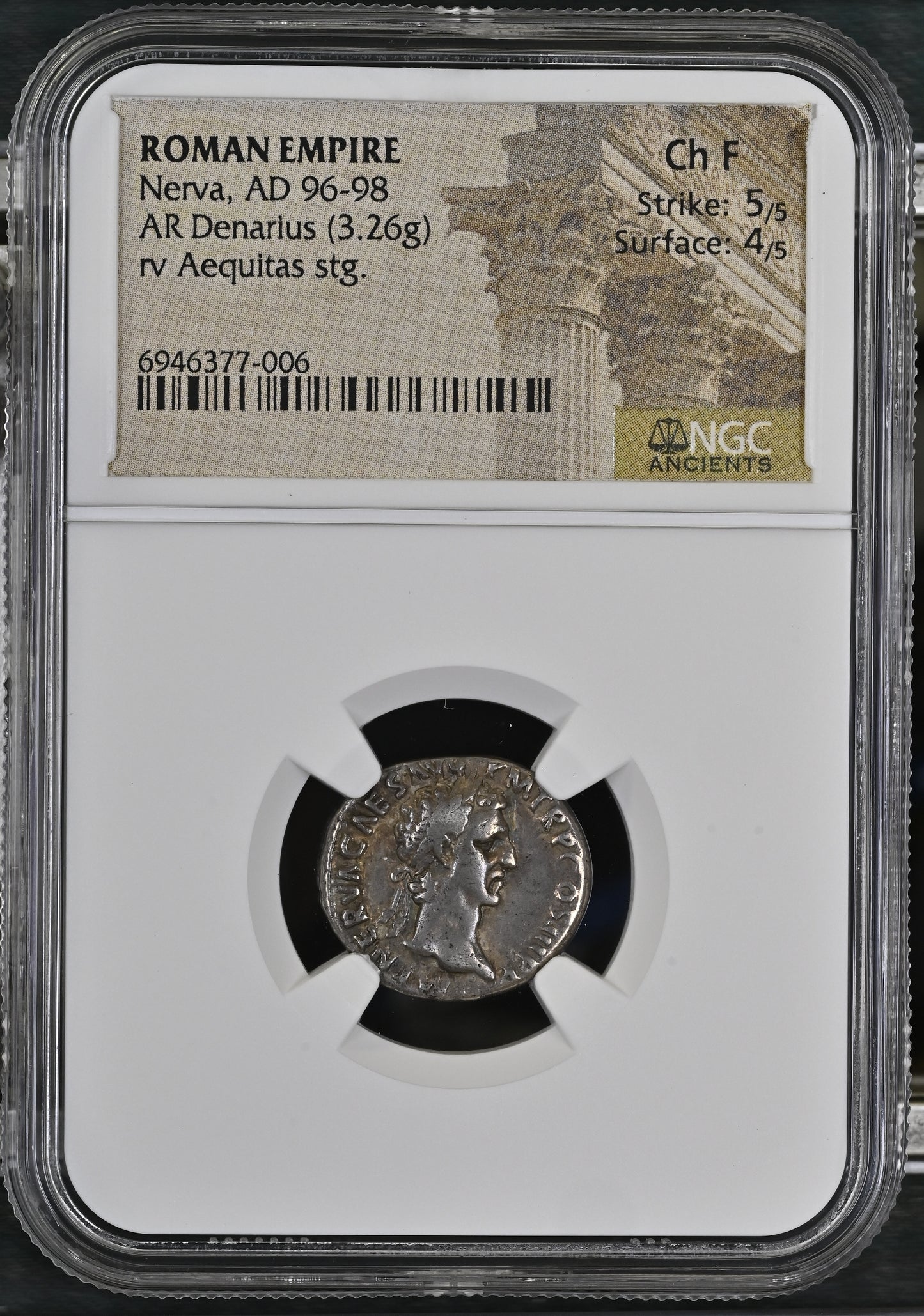 Roman Empire - Nerva - Silver Denarius - NGC Ch F - RIC:13