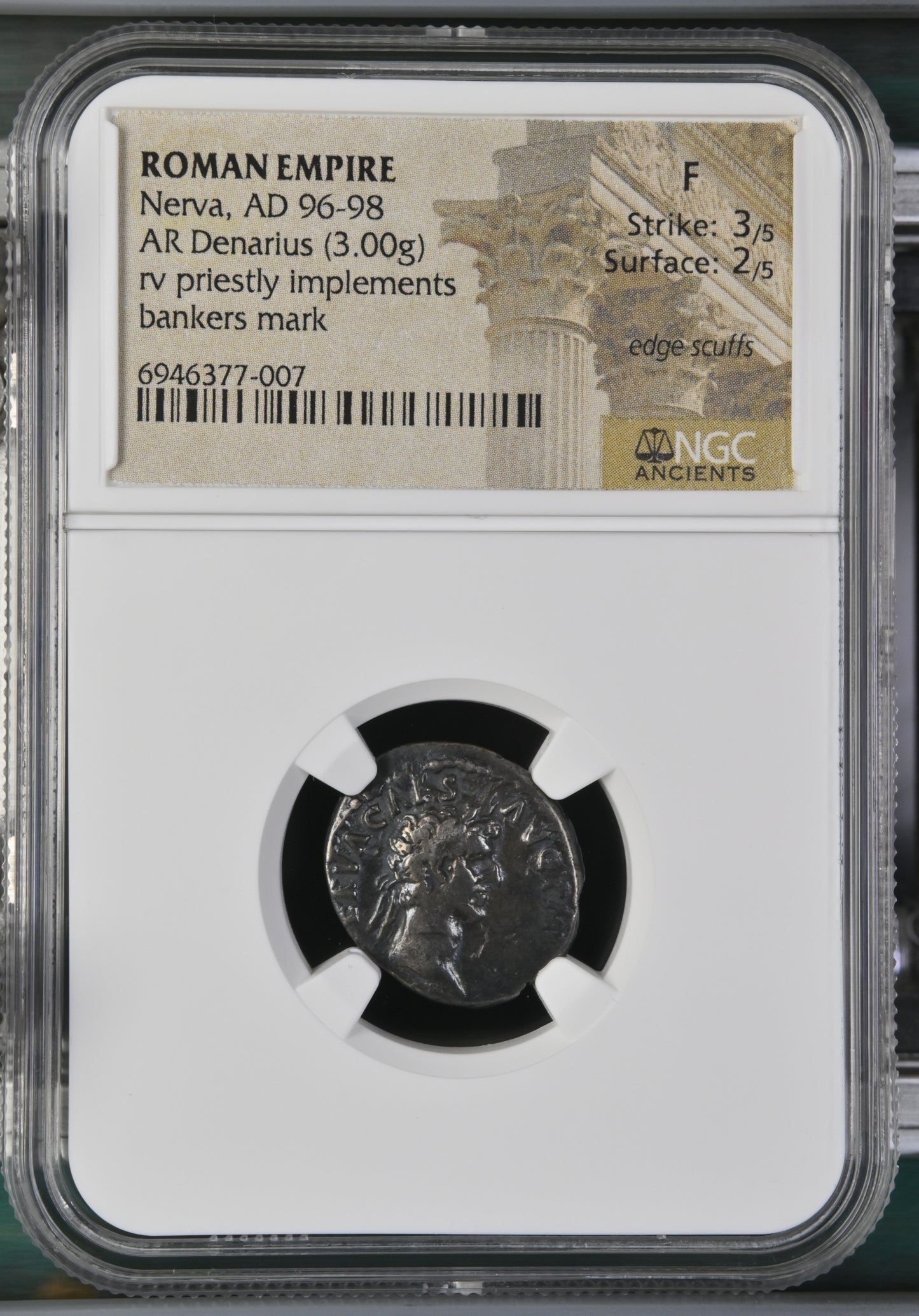 Roman Empire - Nerva - Silver Denarius - NGC F - RIC:24