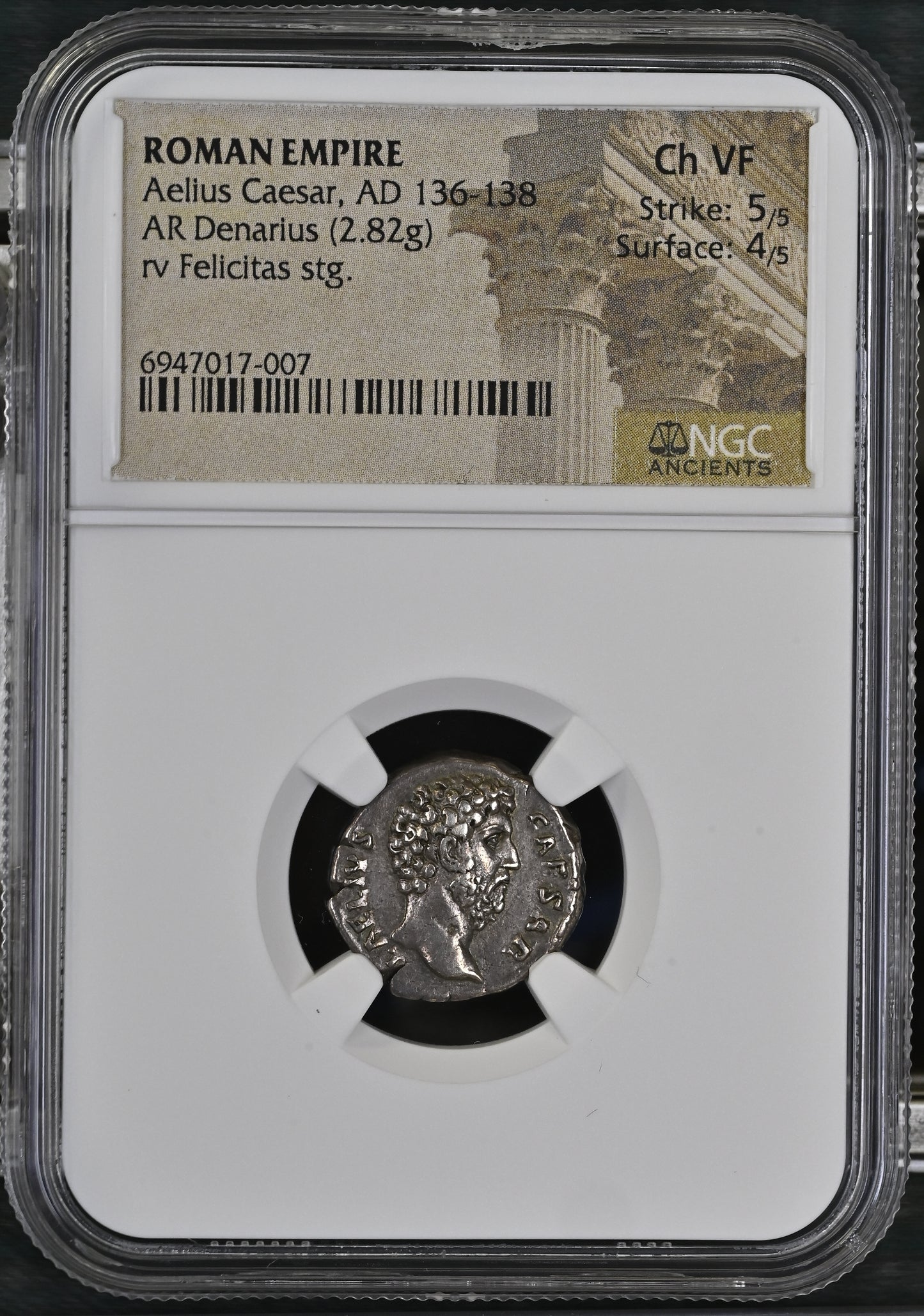 Roman Empire - Aelius Caesar - Silver Denarius - NGC Ch VF - RIC:2634