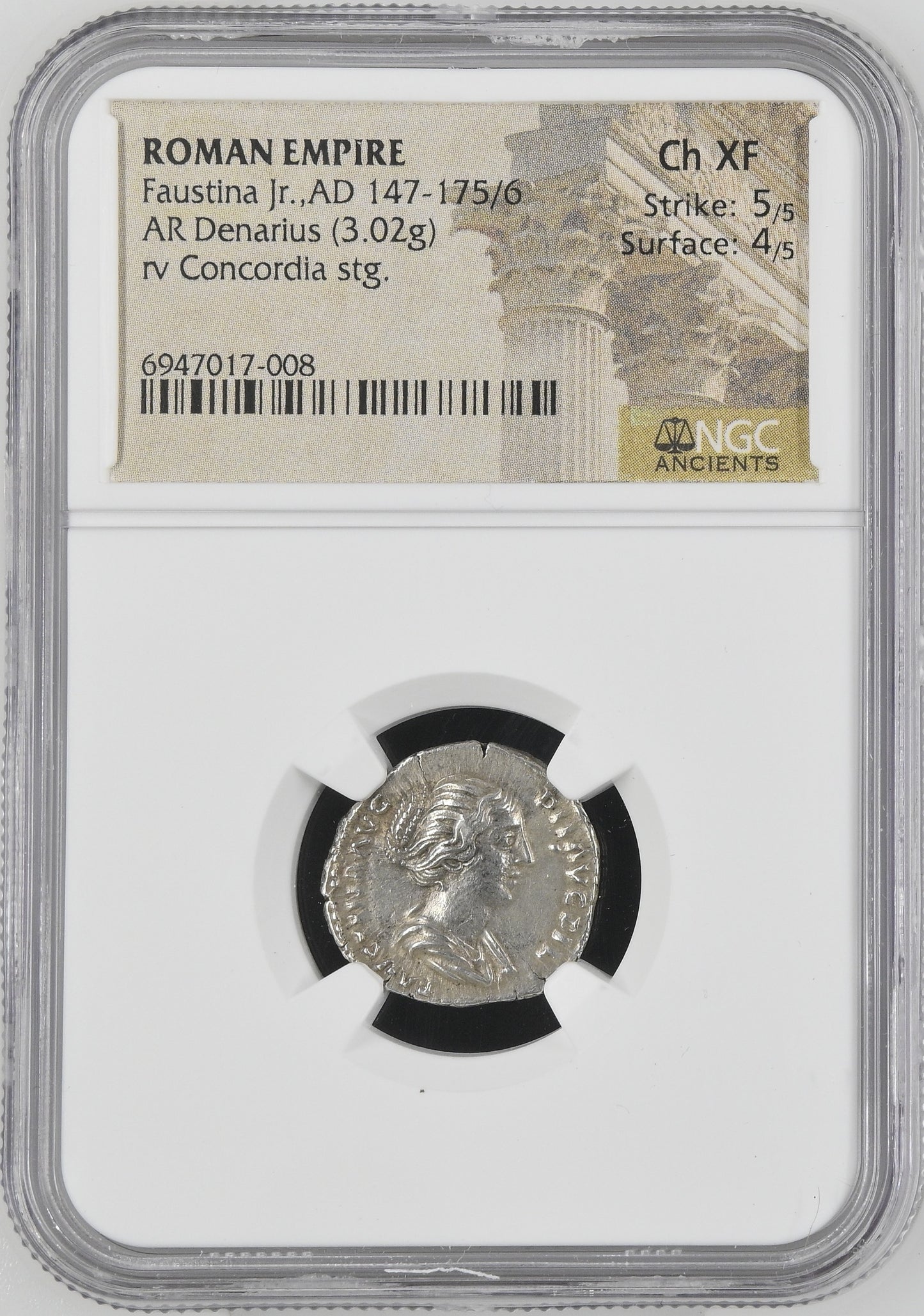 Roman Empire - Faustina II - Silver Denarius - NGC Ch XF - RIC:500b