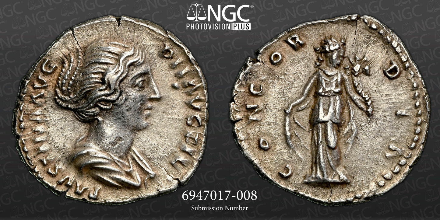 Roman Empire - Faustina II - Silver Denarius - NGC Ch XF - RIC:500b