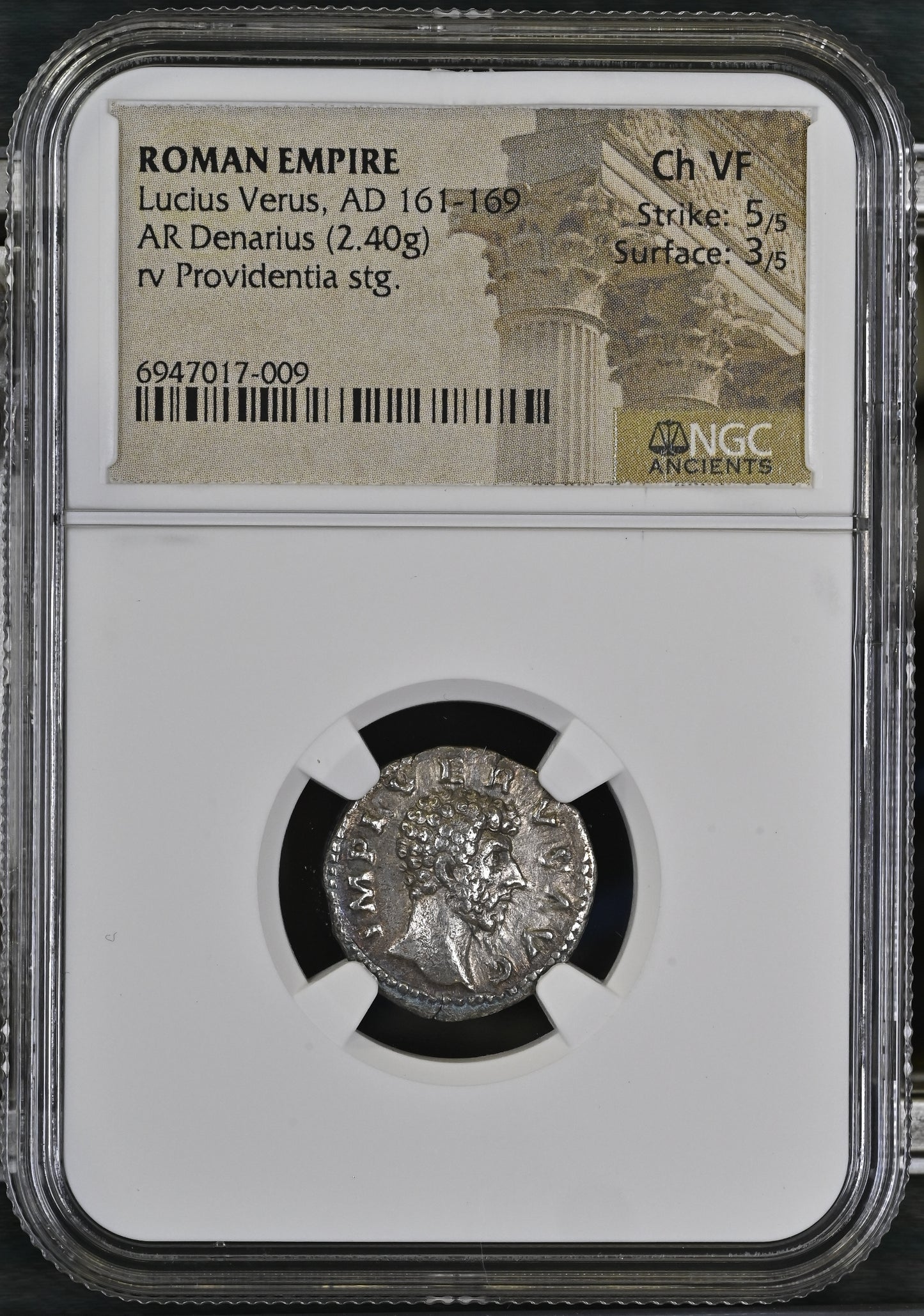 Roman Empire - Lucius Verus - Silver Denarius - NGC Ch VF - RIC:485