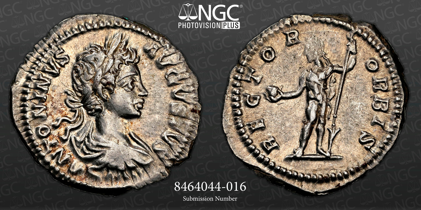 Roman Empire - Caracalla - Silver Denarius - NGC Ch XF - RIC:39a