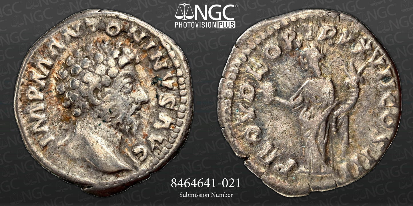 Roman Empire - Marcus Aurelius - Silver Denarius - NGC Ch F - RIC:71