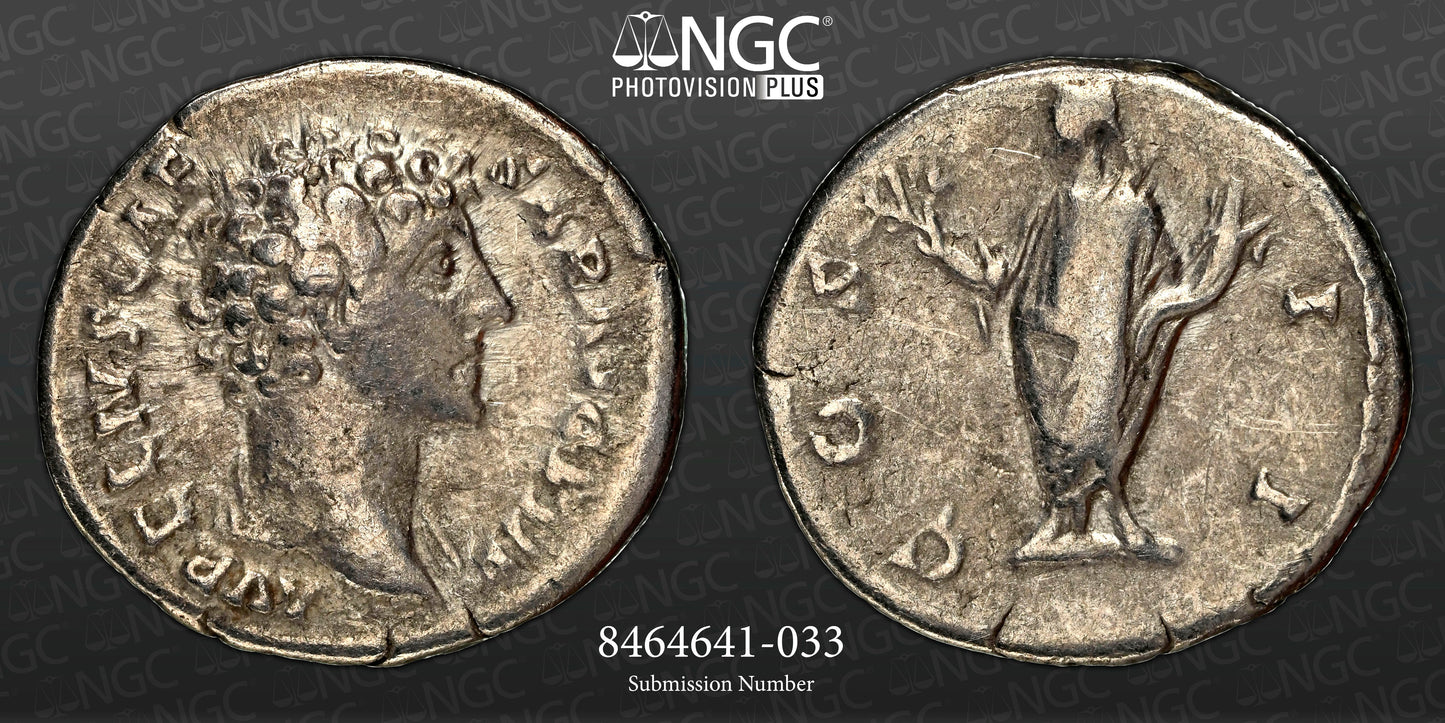 Roman Empire - Marcus Aurelius - Silver Denarius - NGC Ch F - RIC:426