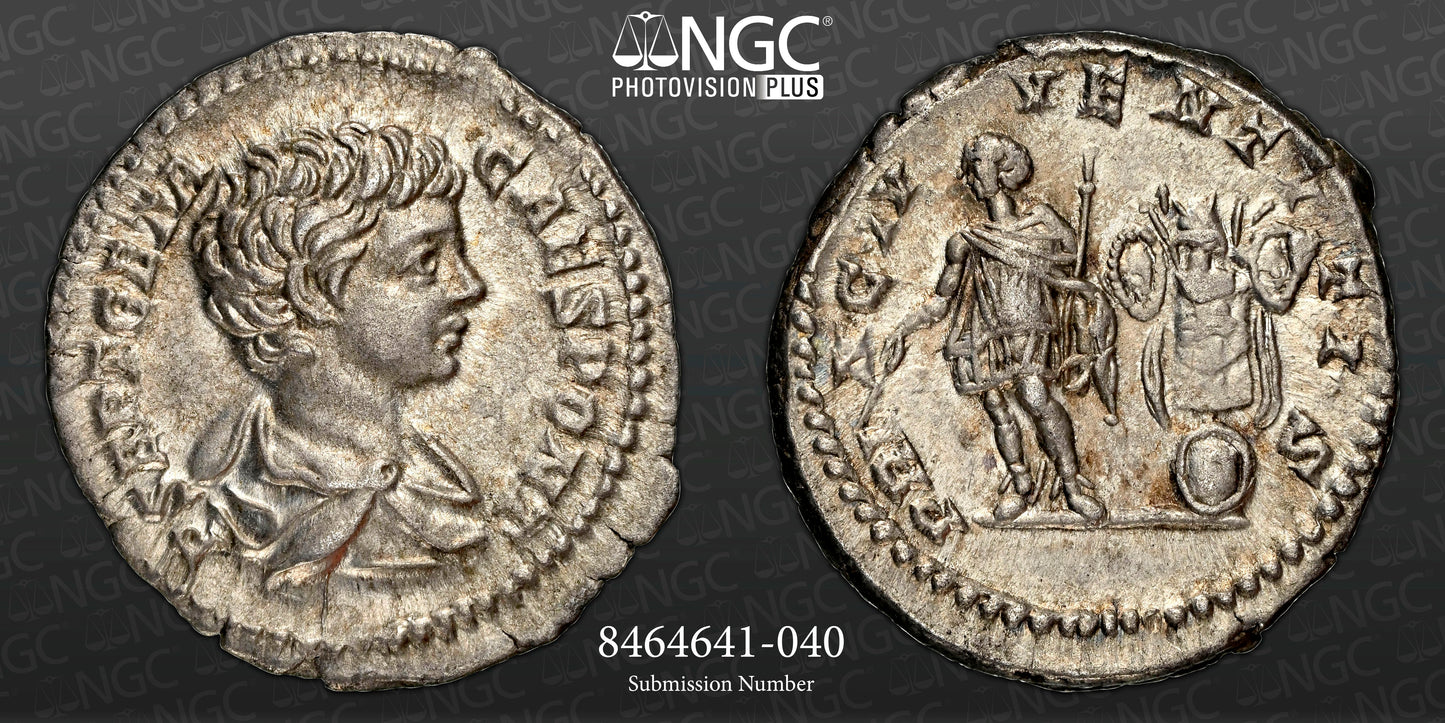 Roman Empire - Geta - Silver Denarius - NGC Ch XF - RIC:185