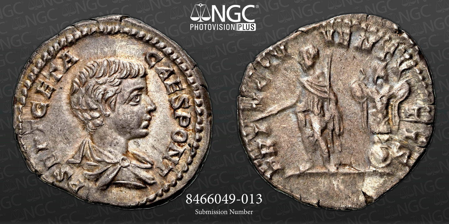 Roman Empire - Geta - Silver Denarius - NGC Ch XF - RIC:18