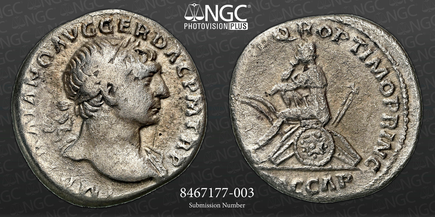 Roman Empire - Trajan - Silver Denarius - NGC Ch F - RIC:98