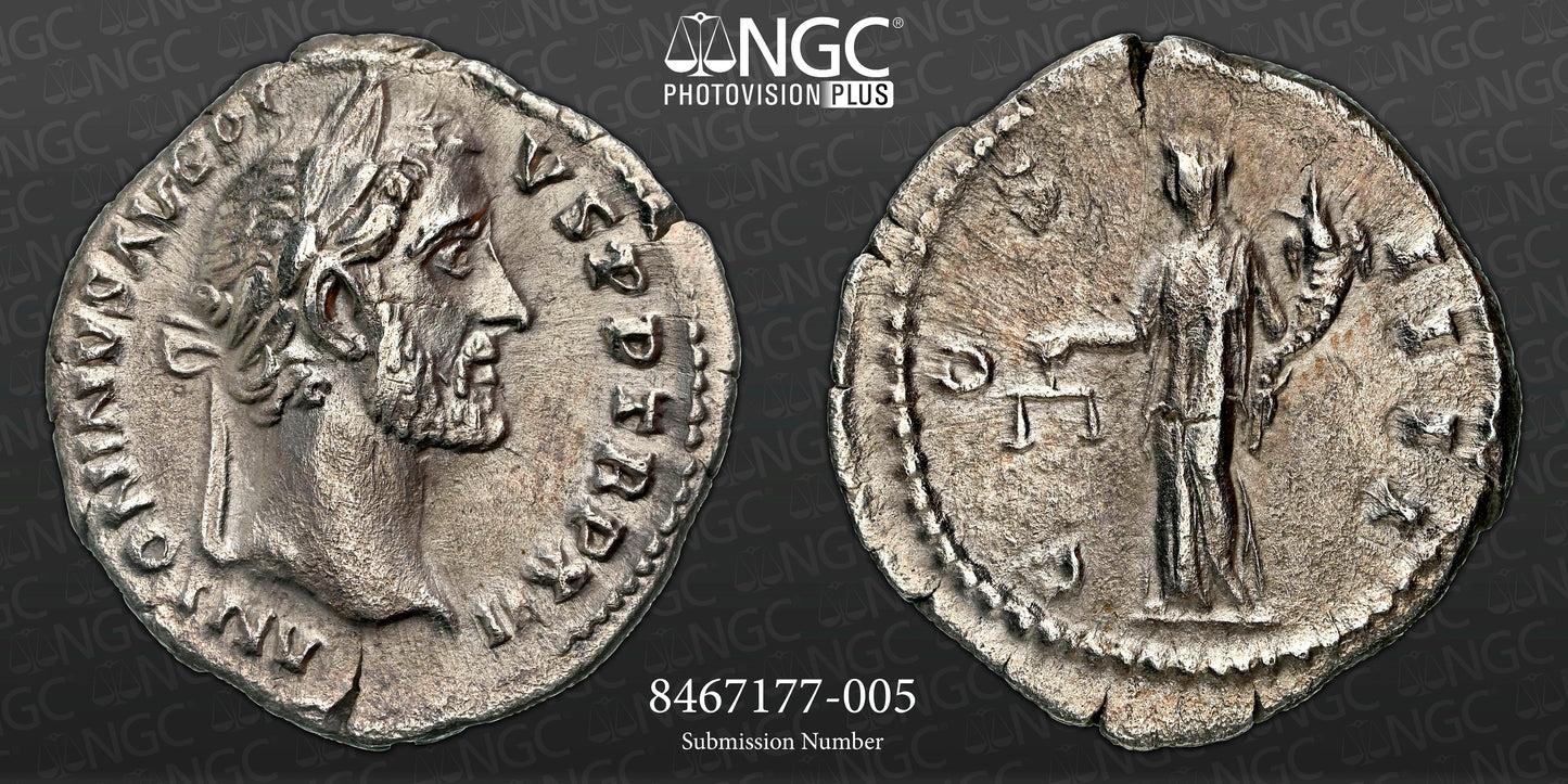 Roman Empire - Antoninus Pius - Silver Denarius - NGC Ch XF - RIC:177d