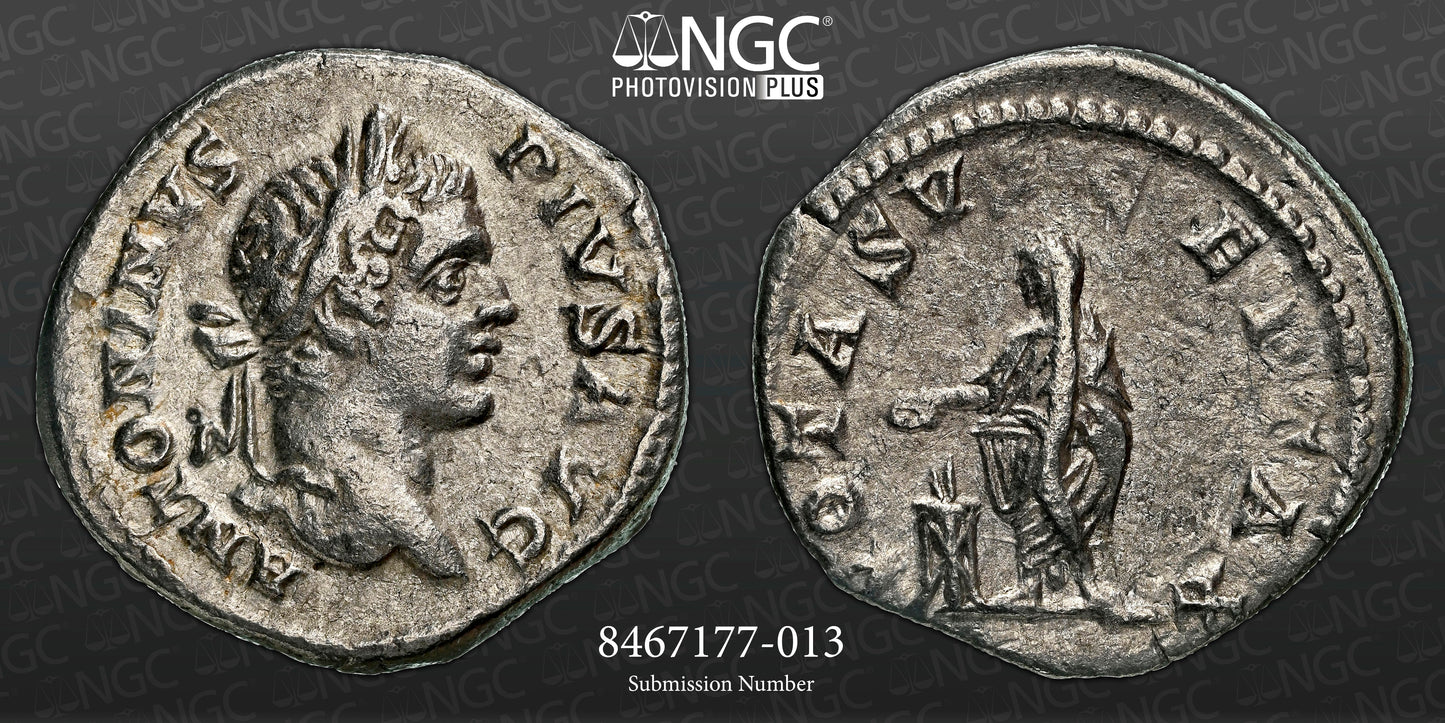 Roman Empire - Caracalla - Silver Denarius - NGC Ch VF - RIC:179