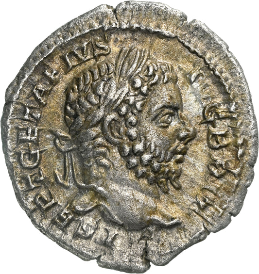 Roman Empire - Geta - Silver Denarius - NGC Ch XF - RIC:88