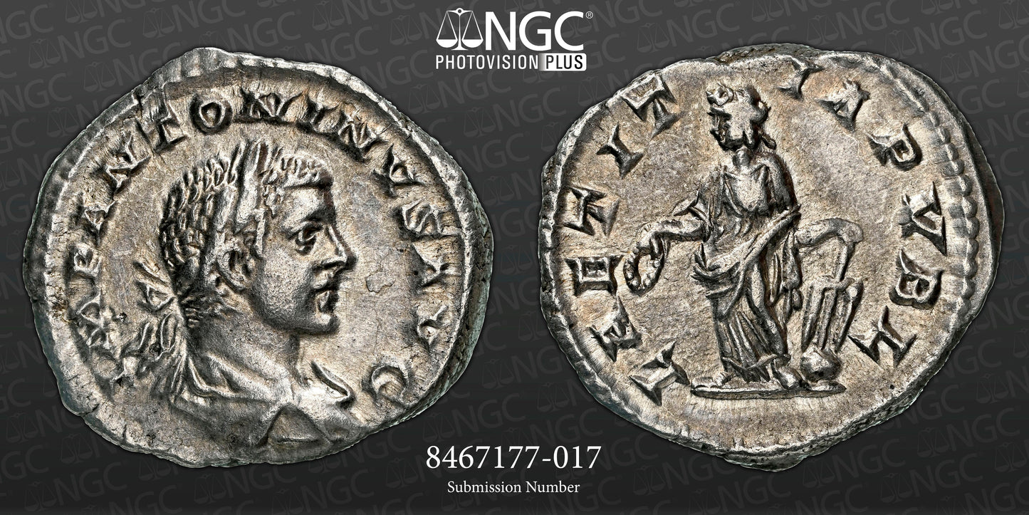 Roman Empire - Elagabalus - Silver Denarius - NGC Ch XF - RIC:95b