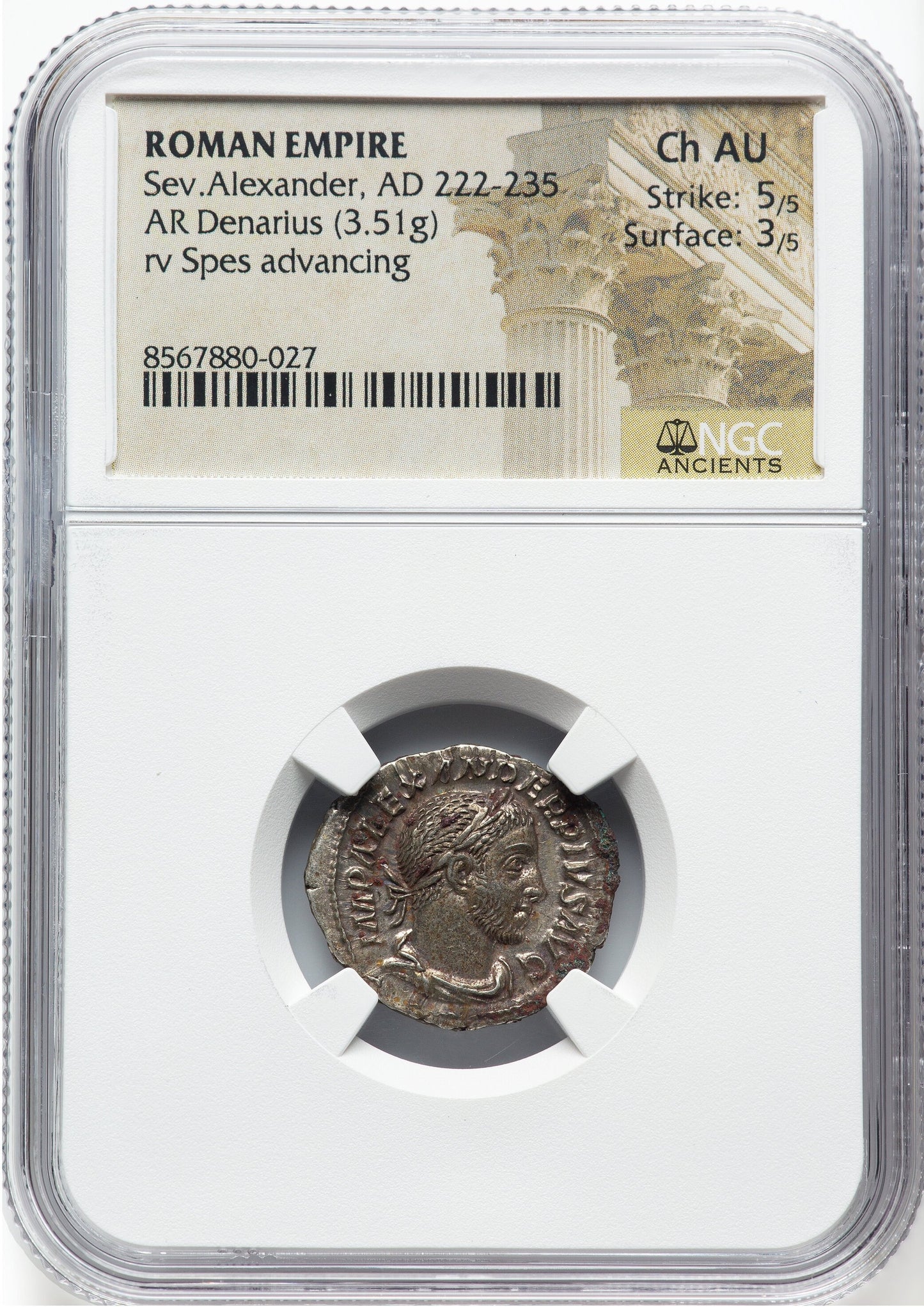 Roman Empire - Severus Alexander - Silver Denarius - NGC Ch AU - RIC:254