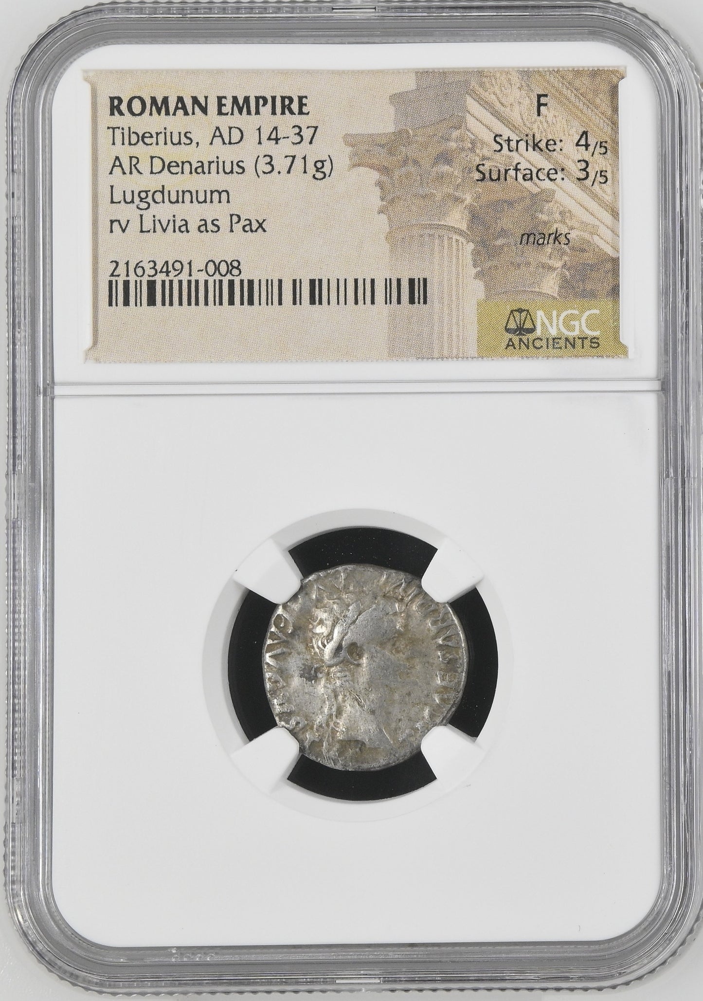 Roman Empire - Tiberius - Silver Denarius - NGC F - RIC:26