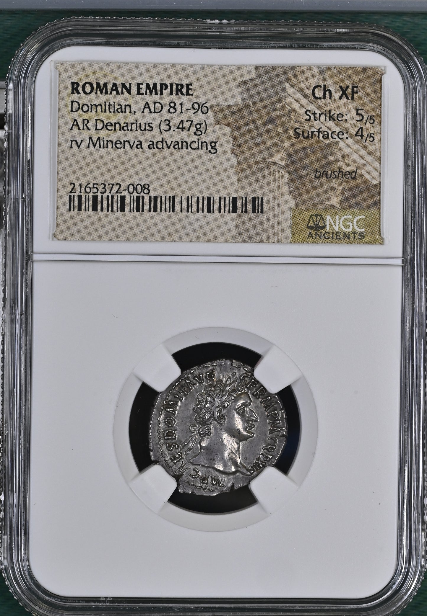 Roman Empire - Domitian - Silver Denarius - NGC Ch XF - RIC:787