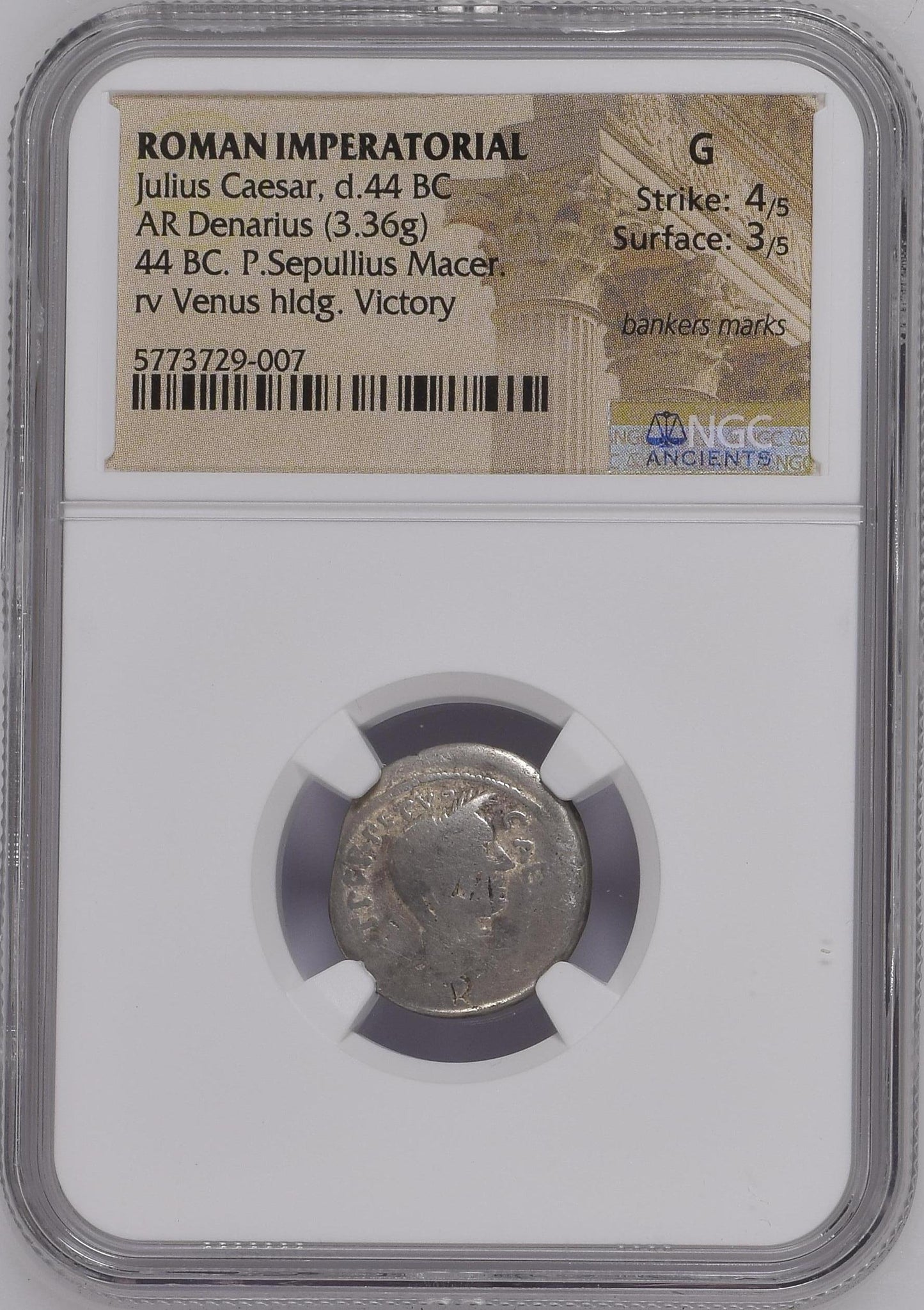 Roman Imperatorial - Julius Caesar - Silver Denarius - NGC G - Crawf:480/4