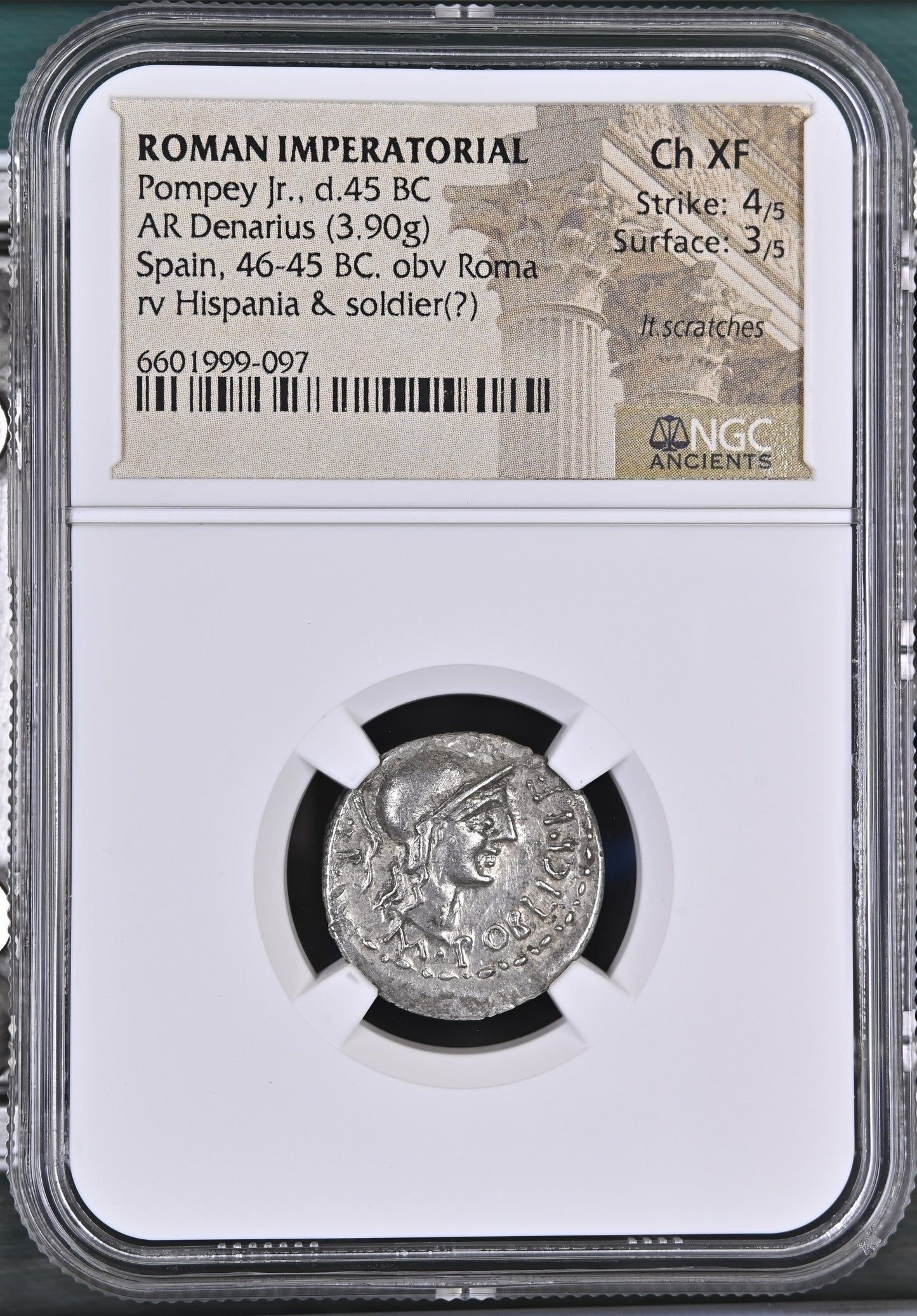 Roman Imperatorial - Pompey Junior - Silver Denarius - NGC Ch XF - Crawf. 469/1a