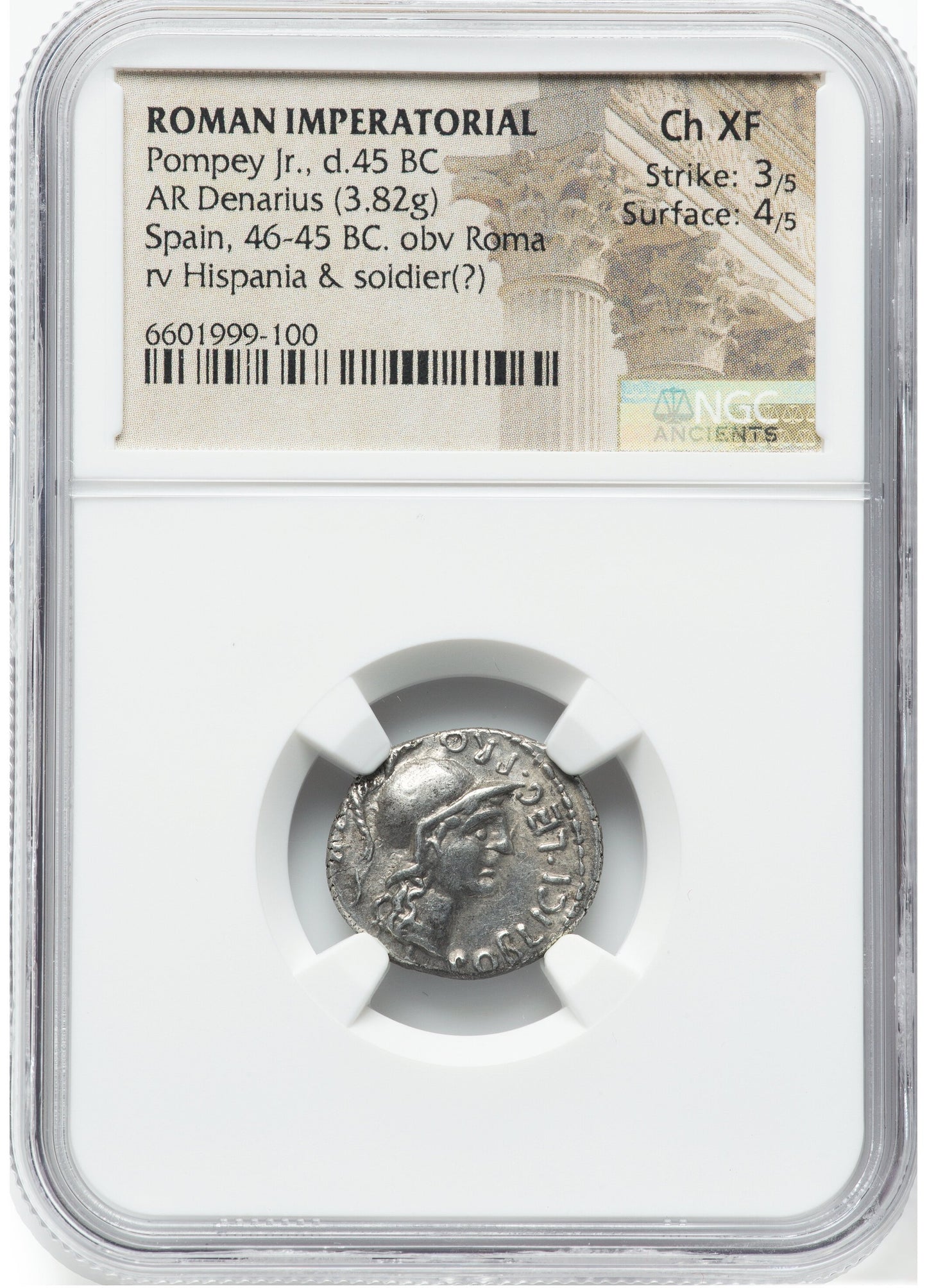 Roman Imperatorial - Pompey Junior - Silver Denarius - NGC Ch XF - Crawf. 469/1a