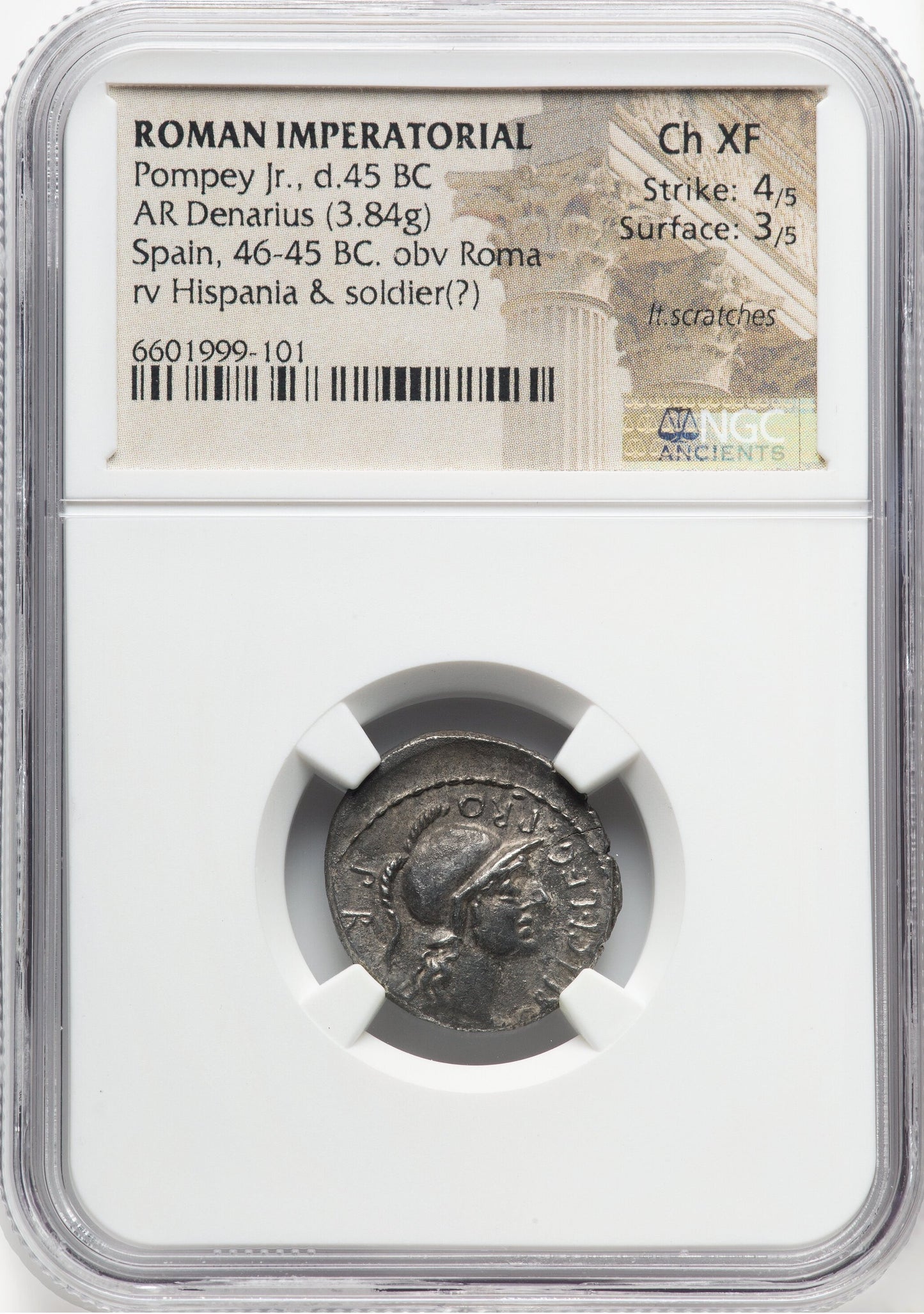 Roman Imperatorial - Pompey Junior - Silver Denarius - NGC Ch XF - Crawf. 469/1a