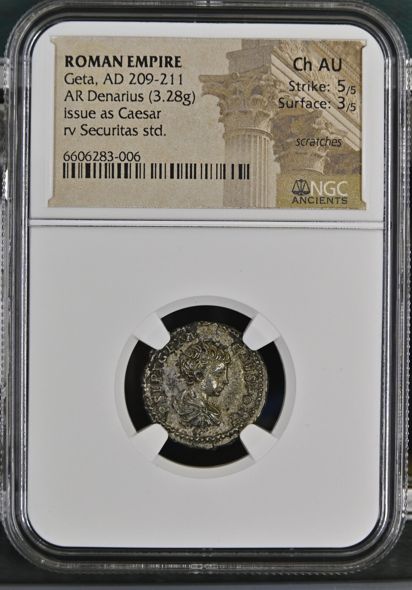 Roman Empire - Geta - Silver Denarius - NGC Ch AU - RIC:20b