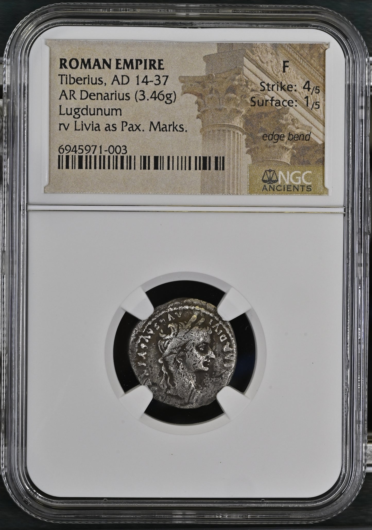 Roman Empire - Tiberius - Silver Denarius - NGC F - RIC:30