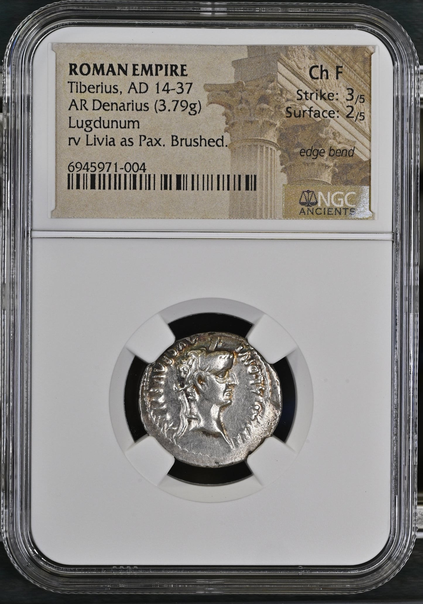 Roman Empire - Tiberius - Silver Denarius - NGC  Ch F - RIC:30