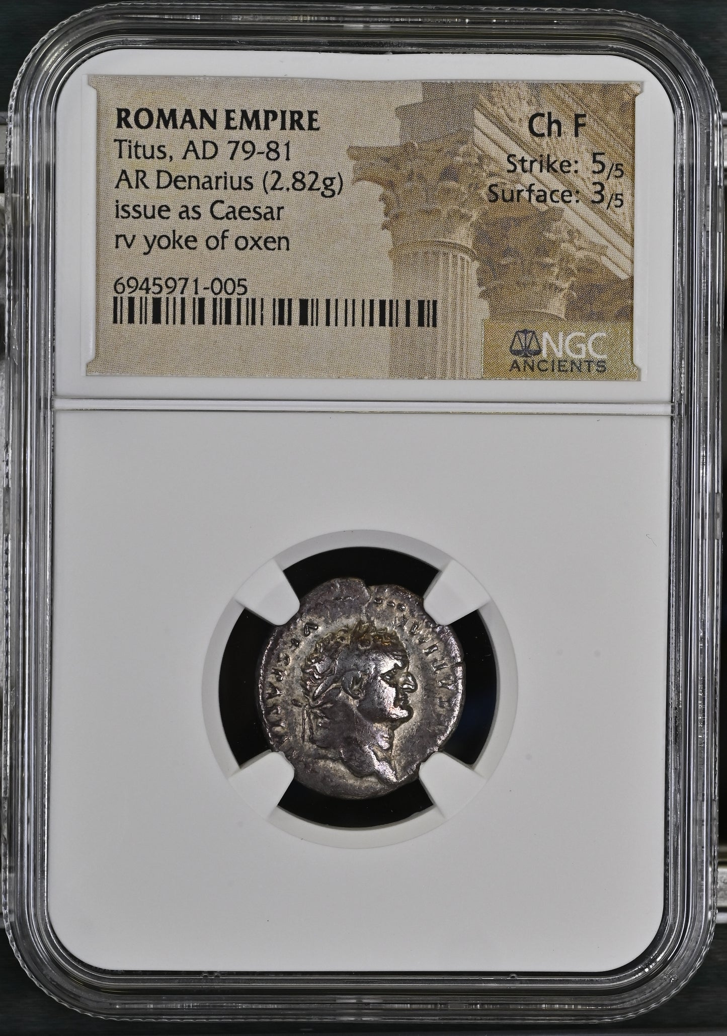 Roman Empire - Titus - Silver Denarius - NGC Ch F - RIC:197