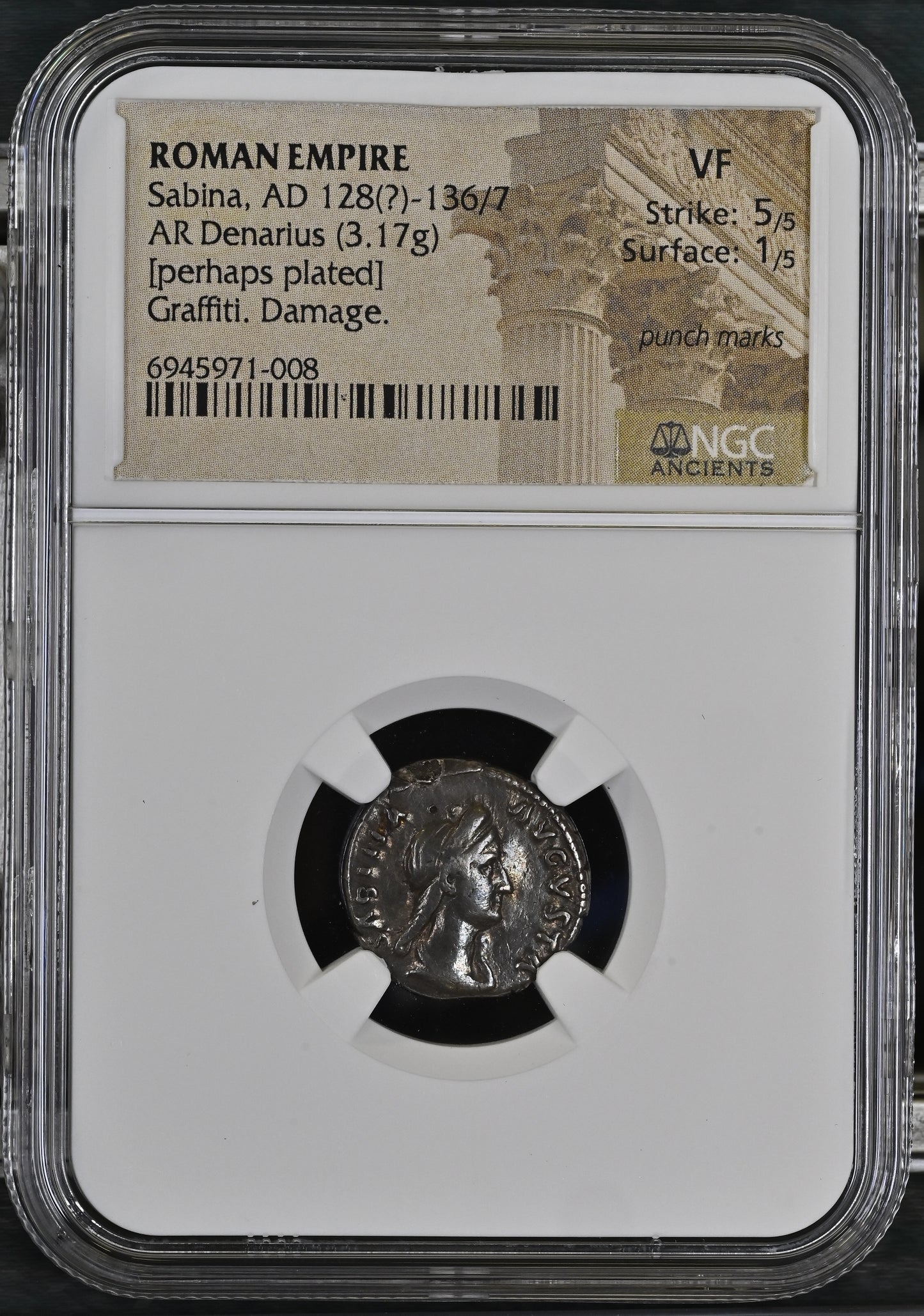 Roman Empire - Sabina - Plated Denarius - NGC VF - RIC:395a