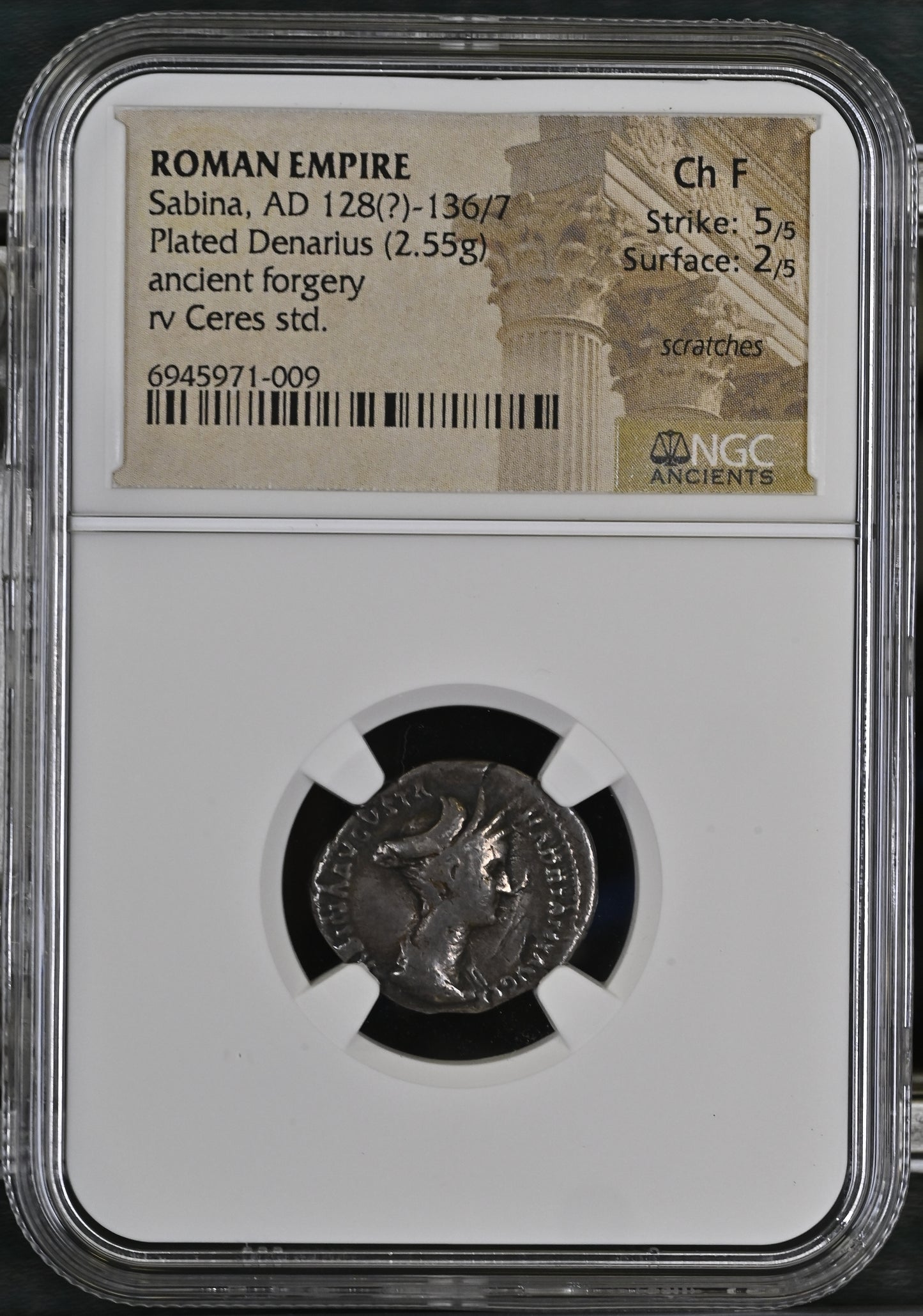 Roman Empire - Sabina - Plated Denarius - NGC Ch F - RIC:411