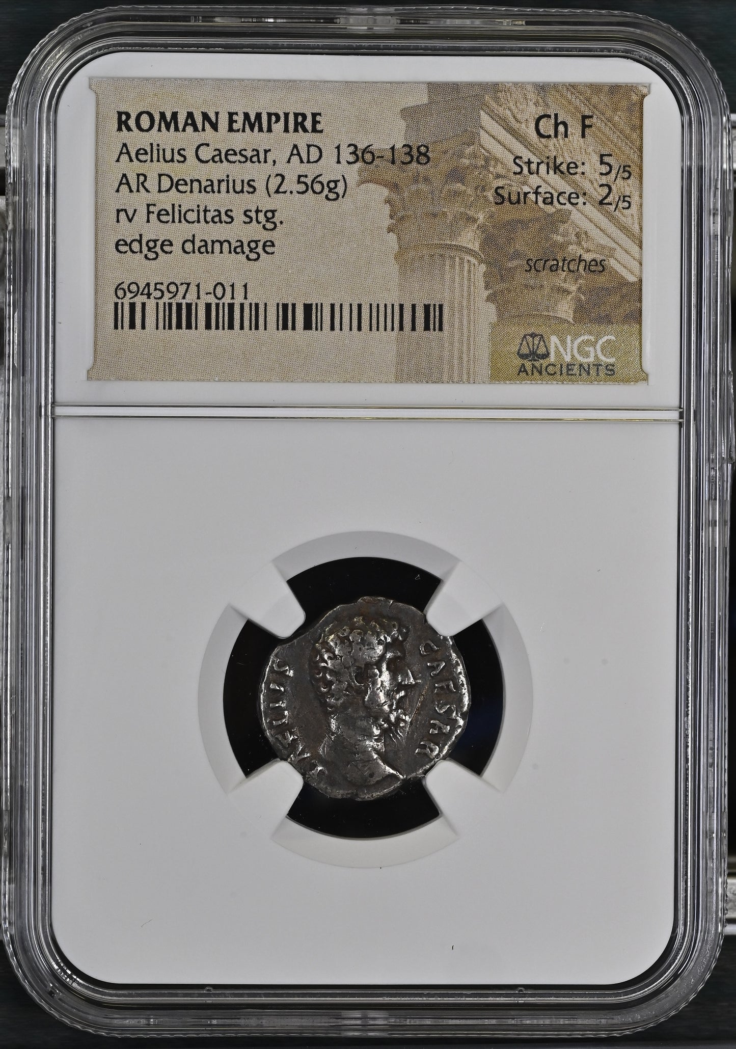 Roman Empire - Aelius Caesar - Silver Denarius - NGC Ch F - RIC:430