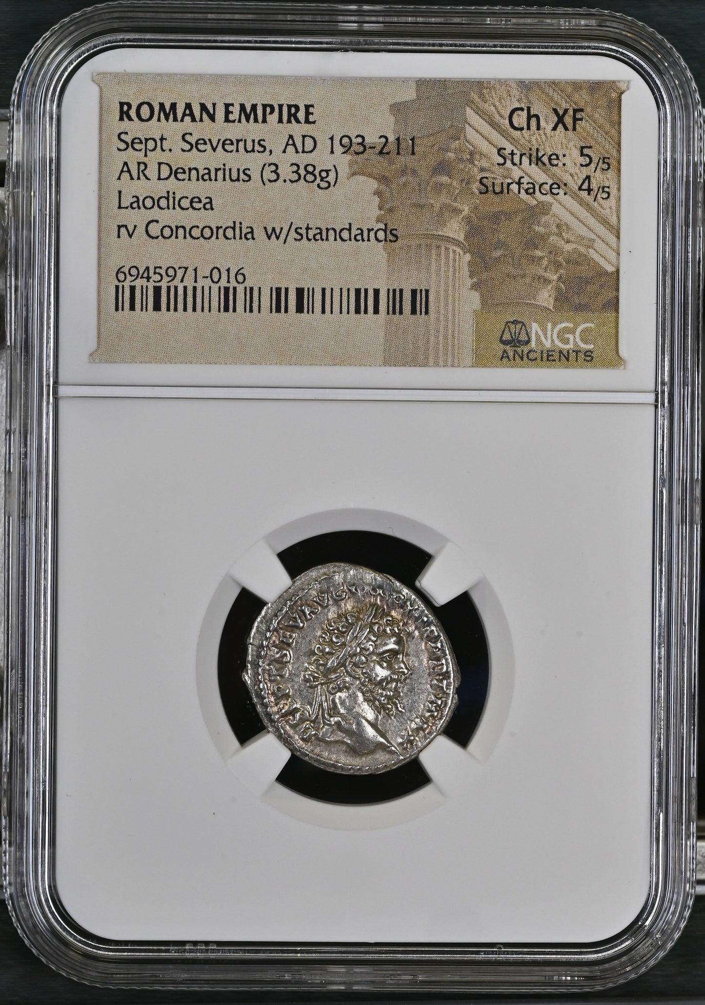 Roman Empire - Septimius Severus - Silver Denarius - NGC Ch XF - RIC:502b