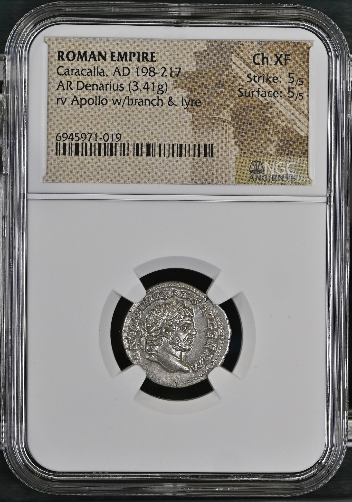 Roman Empire - Caracalla - Silver Denarius - NGC Ch XF - RIC:238a