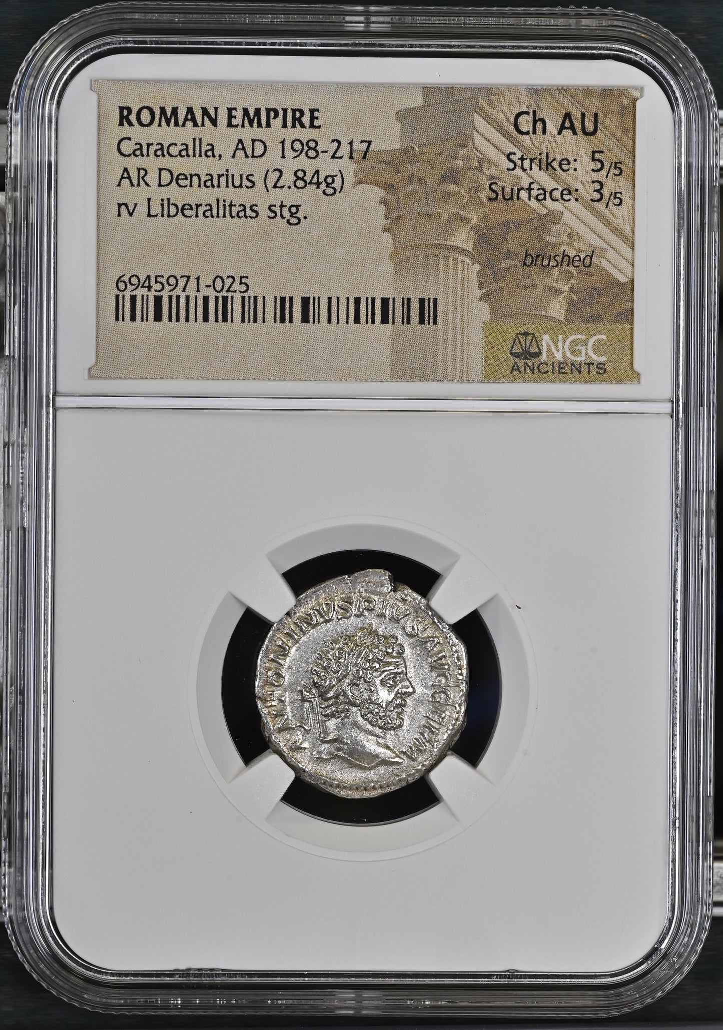 Roman Empire - Caracalla - Silver Denarius - NGC Ch AU - RIC:302