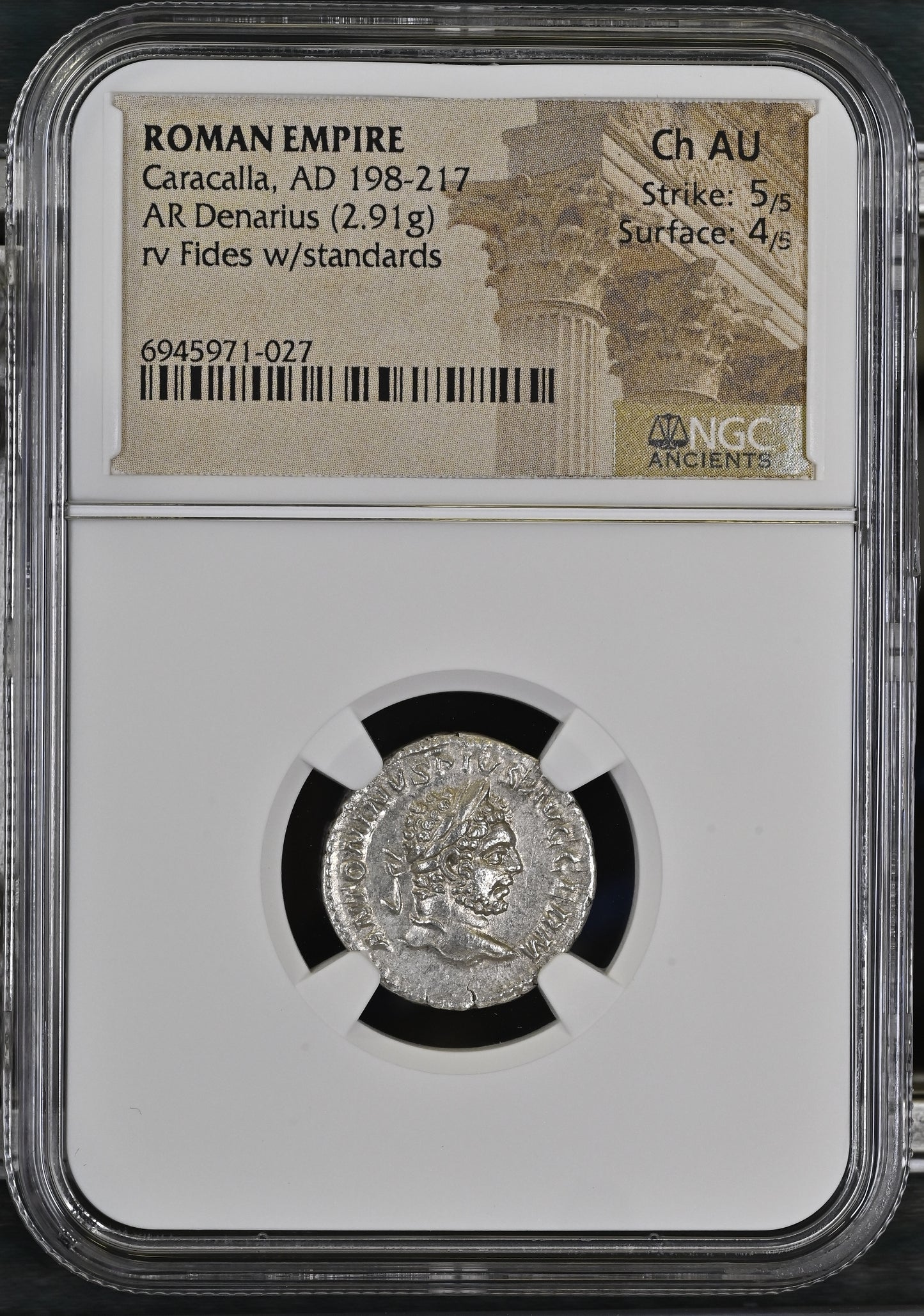 Roman Empire - Caracalla - Silver Denarius - NGC Ch AU - RIC:266
