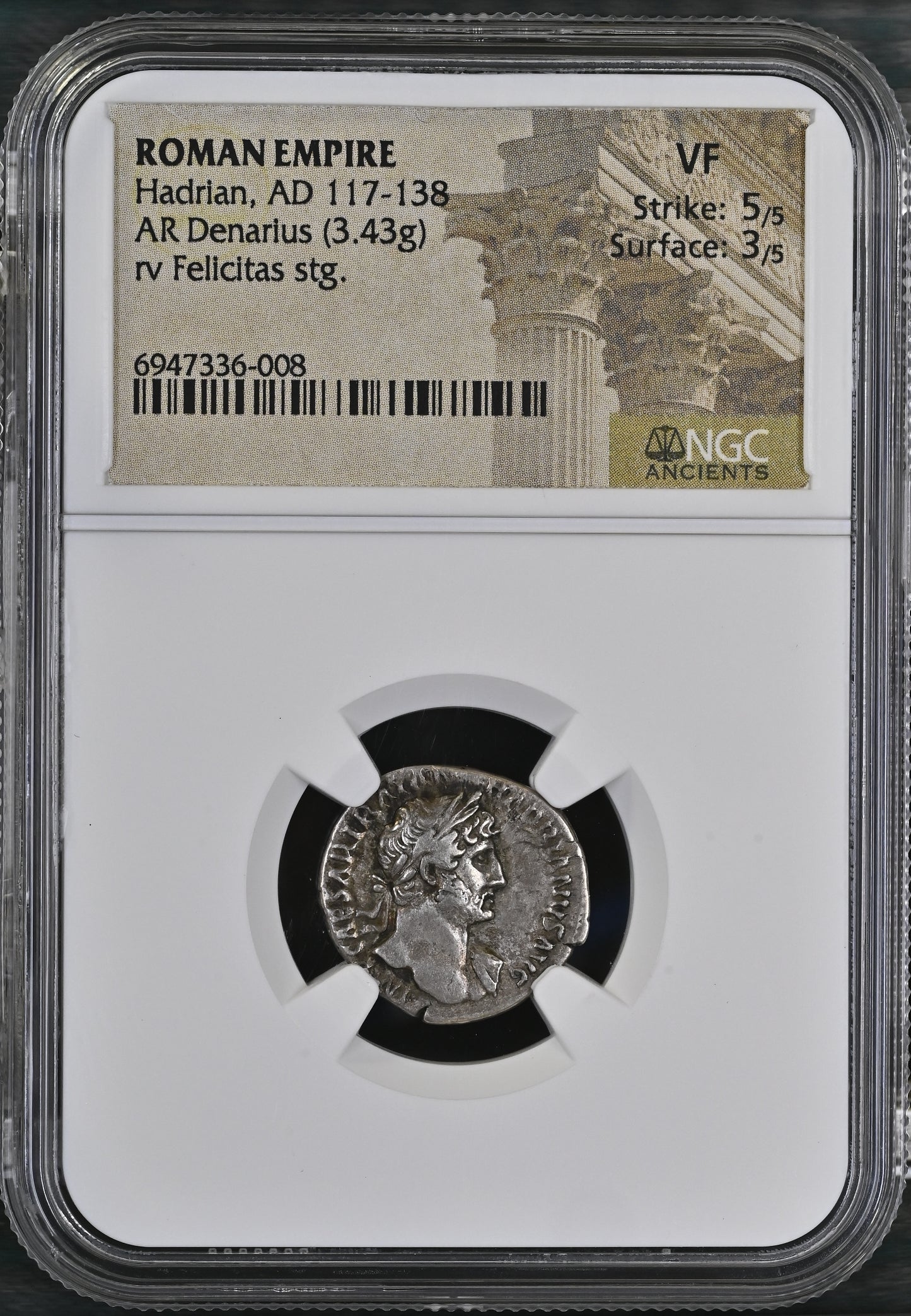 Roman Empire - Hadrian - Silver Denarius - NGC VF - RIC:83