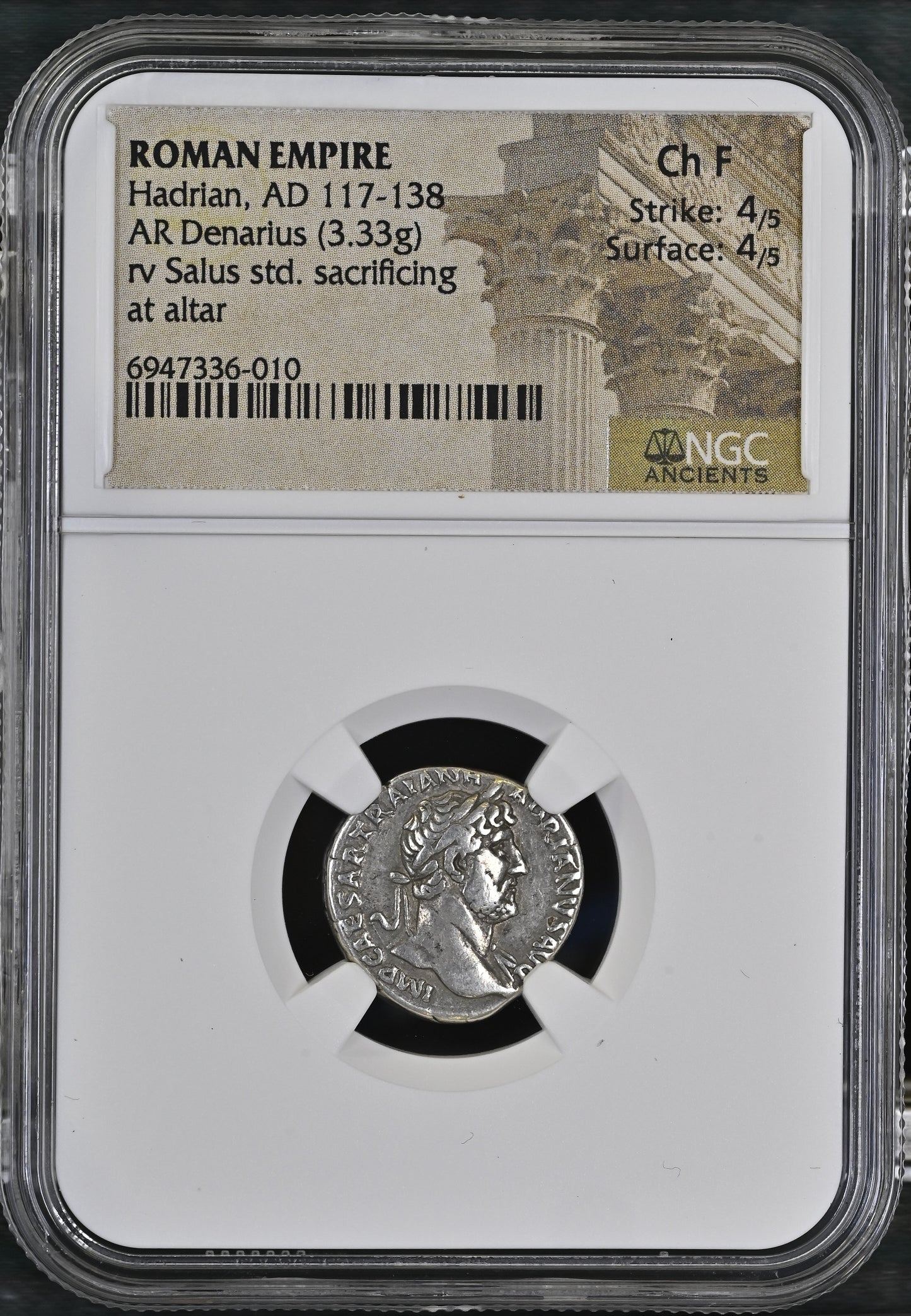 Roman Empire - Hadrian - Silver Denarius - NGC Ch F - RIC:374