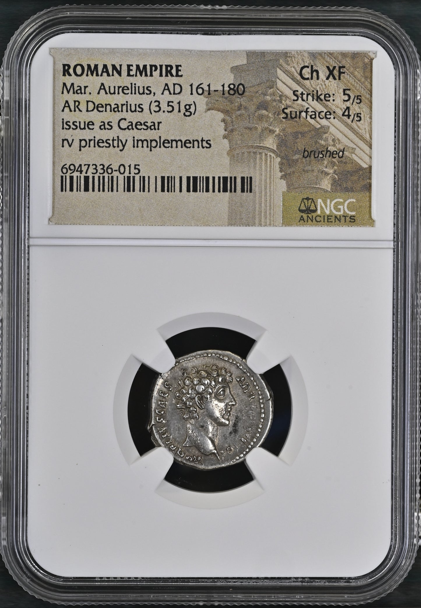 Roman Empire - Marcus Aurelius - Silver Denarius - NGC Ch XF - RIC:424a