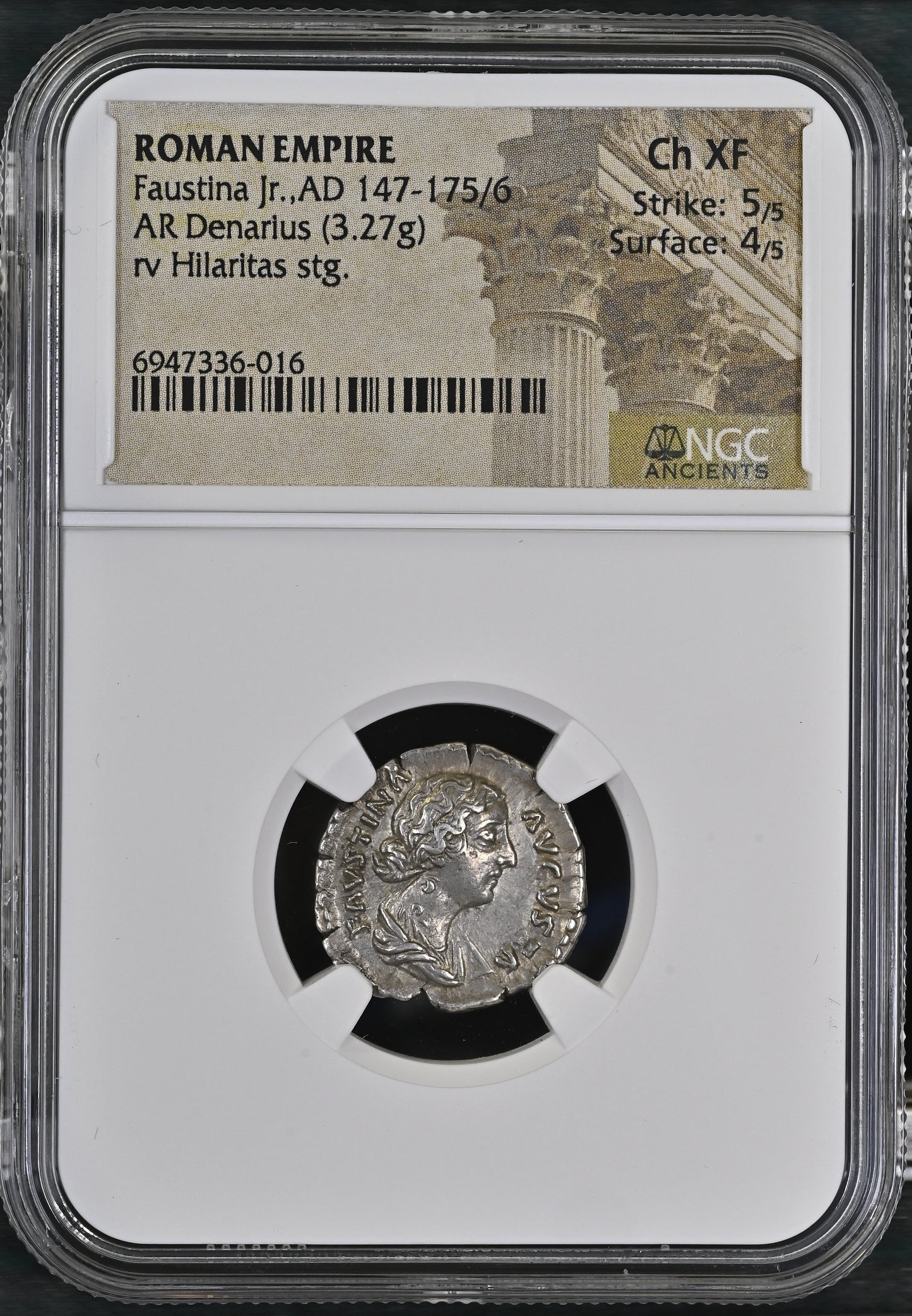 Roman Empire - Faustina II - Silver Denarius - NGC Ch XF - RIC:686