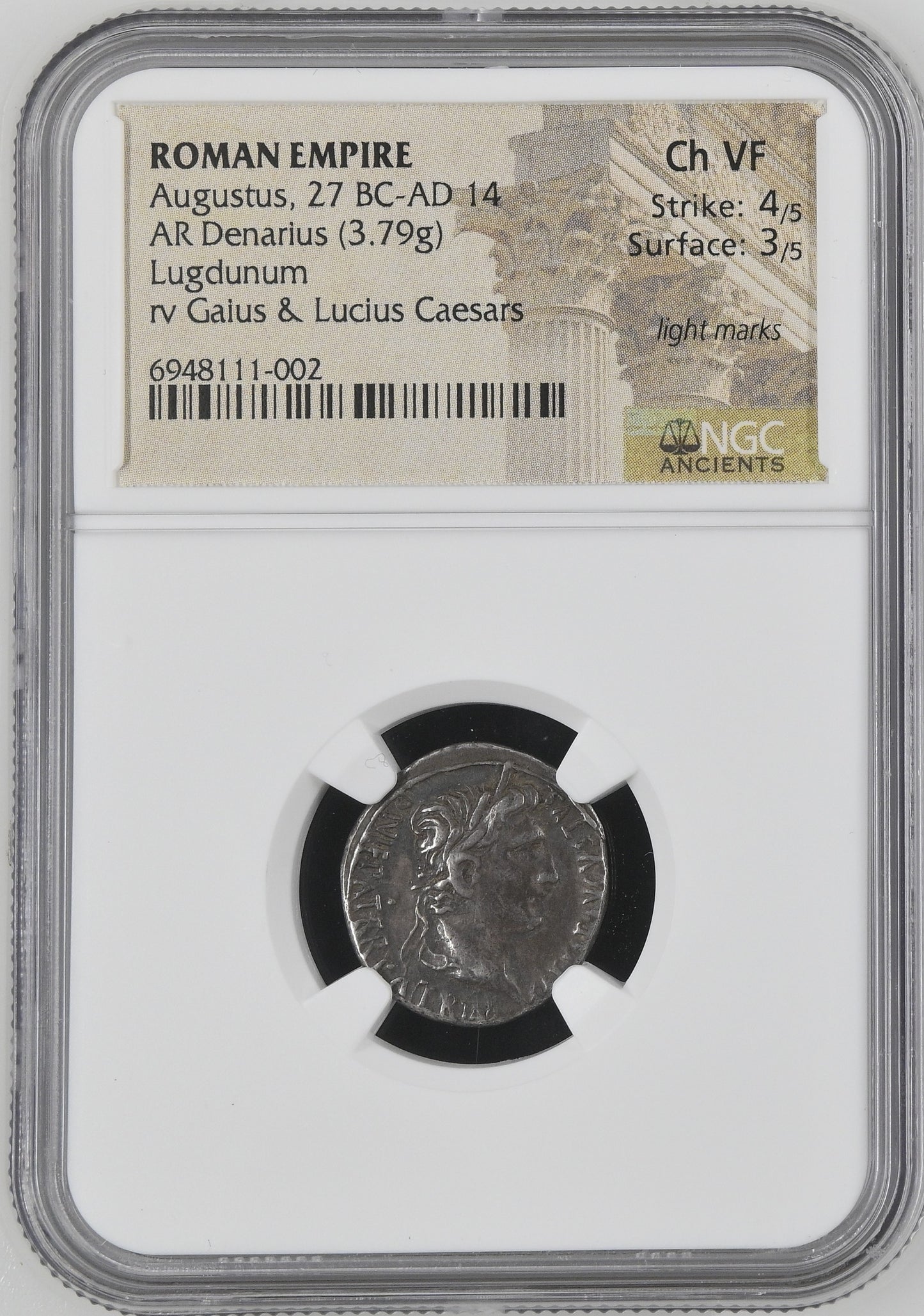 Roman Empire - Augustus - Silver Denarius - NGC Ch VF - RIC:207