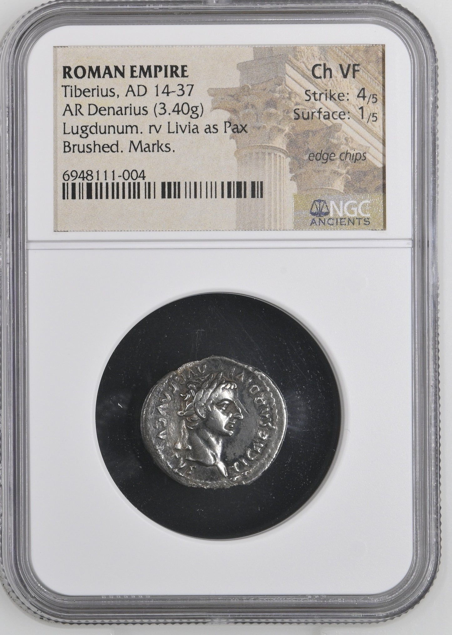 Roman Empire - Tiberius - Silver Denarius - NGC Ch VF - RIC:30