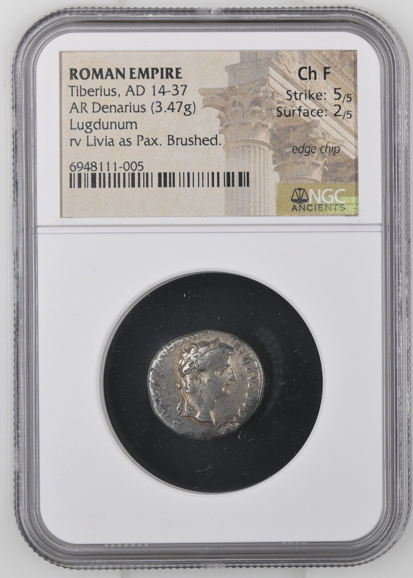 Roman Empire - Tiberius - Silver Denarius - NGC Ch F - RIC:30