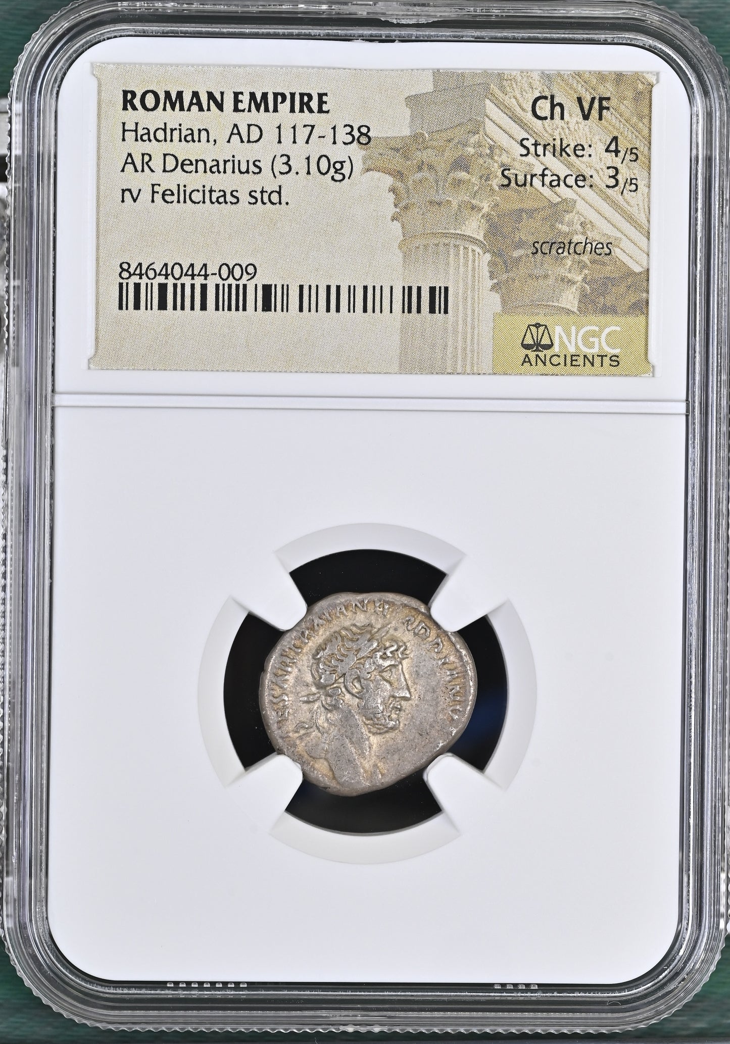 Roman Empire - Hadrian - Silver Denarius - NGC Ch VF - RIC:300