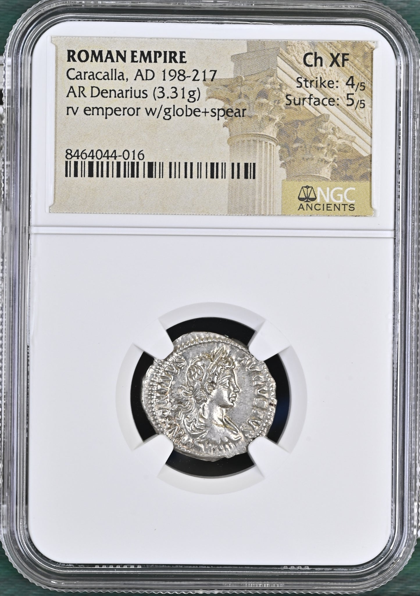 Roman Empire - Caracalla - Silver Denarius - NGC Ch XF - RIC:39a